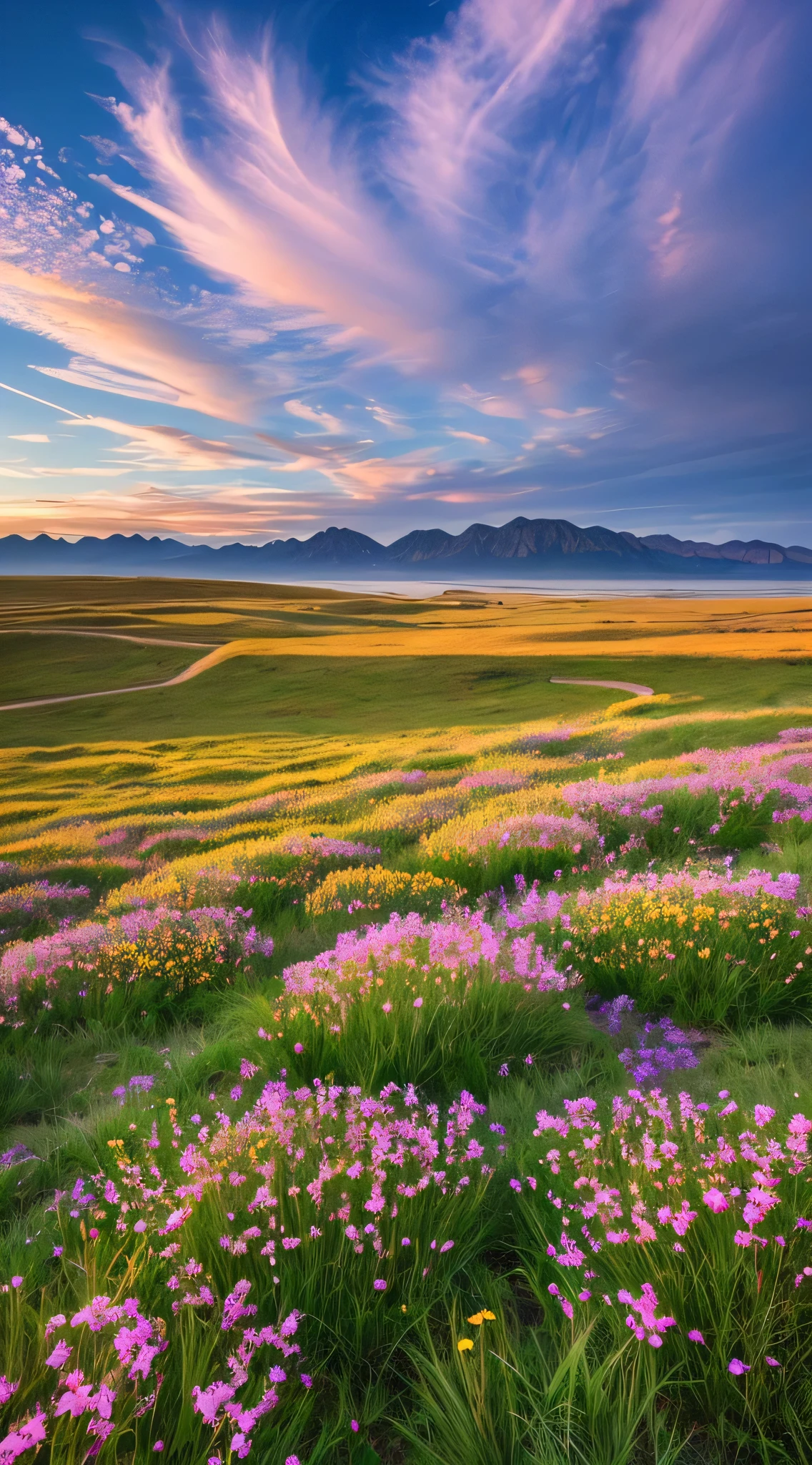 Ocean, Ocean, Ocean, Ocean Beach, grassland, wild flowers, desert, Snowy mountains in the distance, Ocean of clouds, Sky, Large spreading clouds, Sunset, Light penetrates the clouds and reaches the ground, Wide angle lens shooting