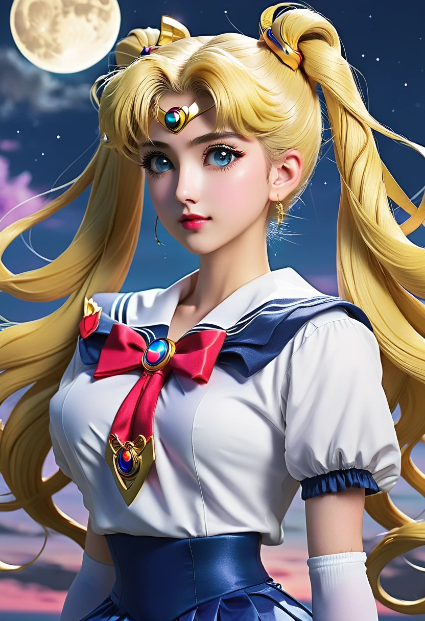 ((masterpiece)), (highest quality), (super detailed), ((very detailed)), 4k, (8K), sailor moon, long blonde hair, double ponytail, sailor moon Aesthetics, dream core,