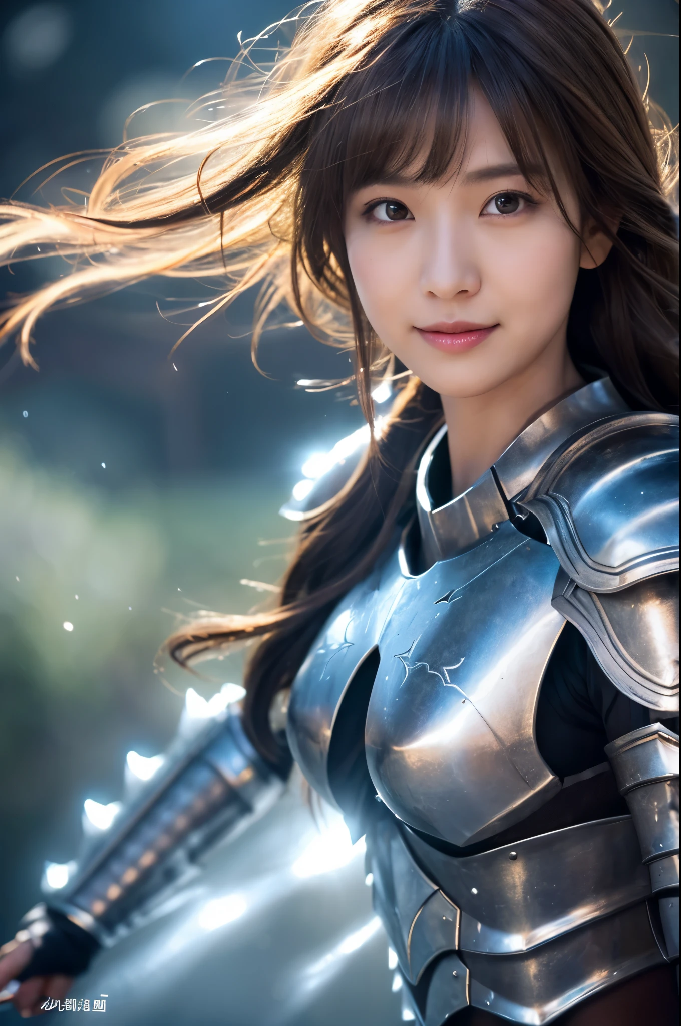 8K、Super detailed、masterpiece、highest quality、(very detailed)、dynamic angle、mysterious look、Wind effect、fantasyの背景、rim lighting、cinematic light、超A high resolution、8k uh、film grain、best shadow、delicate、born、particles of light、fine skin texture、Detailed armor texture、detailed face、Complexディテール、Super detailedな、shine、strong fraud、silver armor、(holding a weapon)、Slashing、Slashing Action、big and full breasts,Scapula、shining eyes、 long cloak、fantasy、(bornきbornきとした)、shoulder armor、Complex、Complex、perfect lighting、looking at the viewer、movie lighting、flying in the sky、Flight、holy light、wonderful、bangs、the wind is strong、frozen mountain々々、long wavy white hair、lich queen,sexyな,attractive,blonde short bob,Chest armor with detailed decoration,perspective from above,smile,sexy,