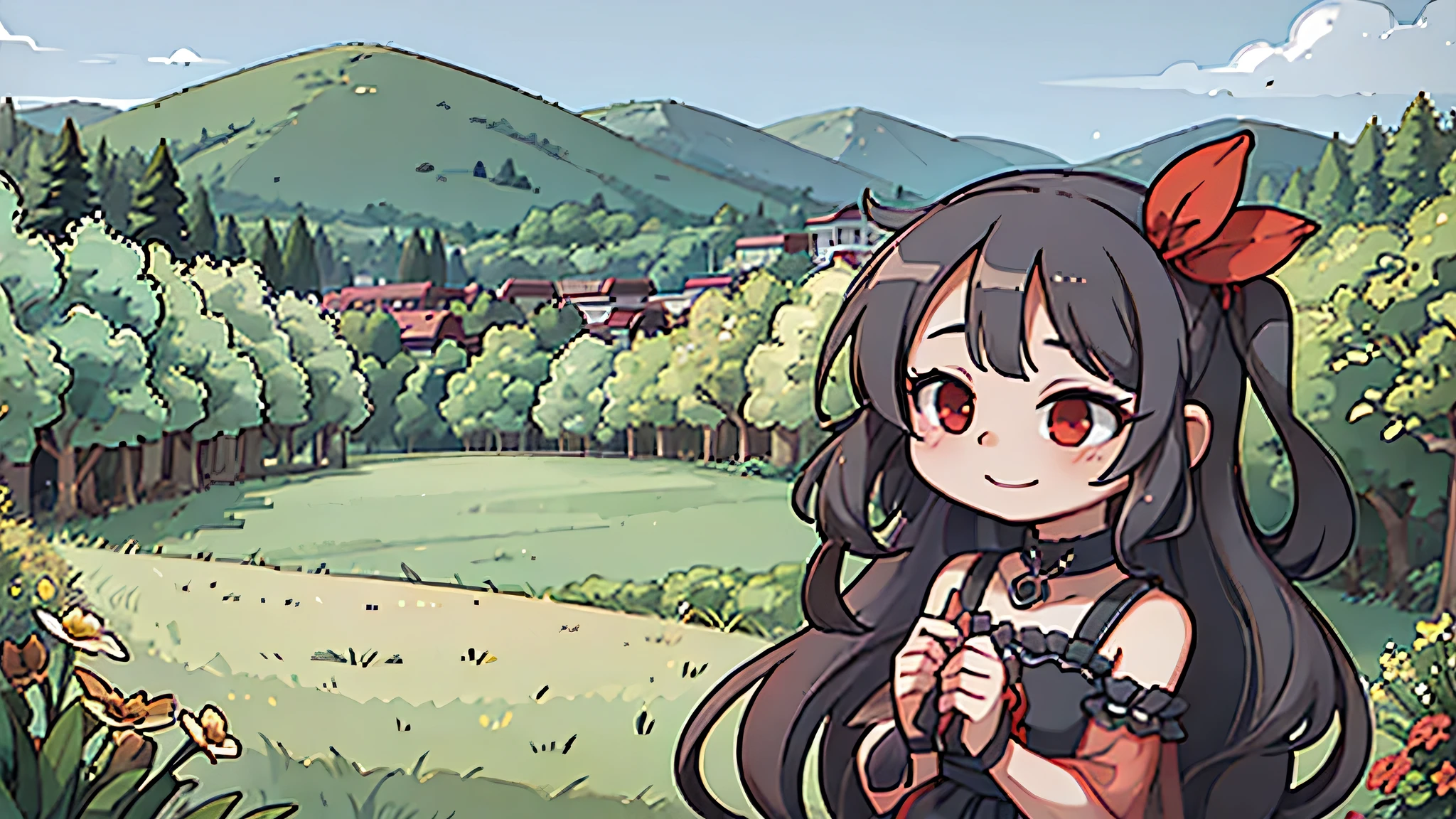 girl with long black wavy hair, red eyes, black and red dress, flower hairpin, cute face, summer, hills, clouds, sunshine, trees, flowers, scenery background, high res, masterpiece, happy