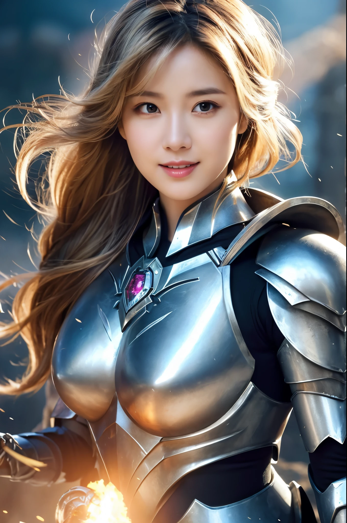 8K、Super detailed、masterpiece、highest quality、(very detailed)、dynamic angle、mysterious look、Wind effect、fantasyの背景、rim lighting、cinematic light、超A high resolution、8k uh、film grain、best shadow、delicate、born、particles of light、fine skin texture、Detailed armor texture、detailed face、Complexディテール、Super detailedな、shine、strong fraud、silver armor、(holding a weapon)、Slashing、Slashing Action、big and full breasts,Scapula、shining eyes、 long cloak、fantasy、(bornきbornきとした)、shoulder armor、Complex、Complex、perfect lighting、looking at the viewer、movie lighting、flying in the sky、Flight、holy light、wonderful、bangs、the wind is strong、frozen mountain々々、long wavy white hair、lich queen,sexyな,attractive,blonde short bob,Chest armor with detailed decoration,perspective from above,smile,sexy,