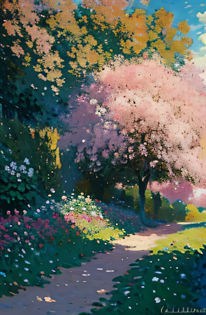 Angelical Tree々A path overgrown with pink leaves A branch of a paulownia tree with beautiful leaves next to a path with pink leaves oil painting, Amarillo, white, Blue and brown in the foreground, In the style of Claude Monet, official art, Impressionism