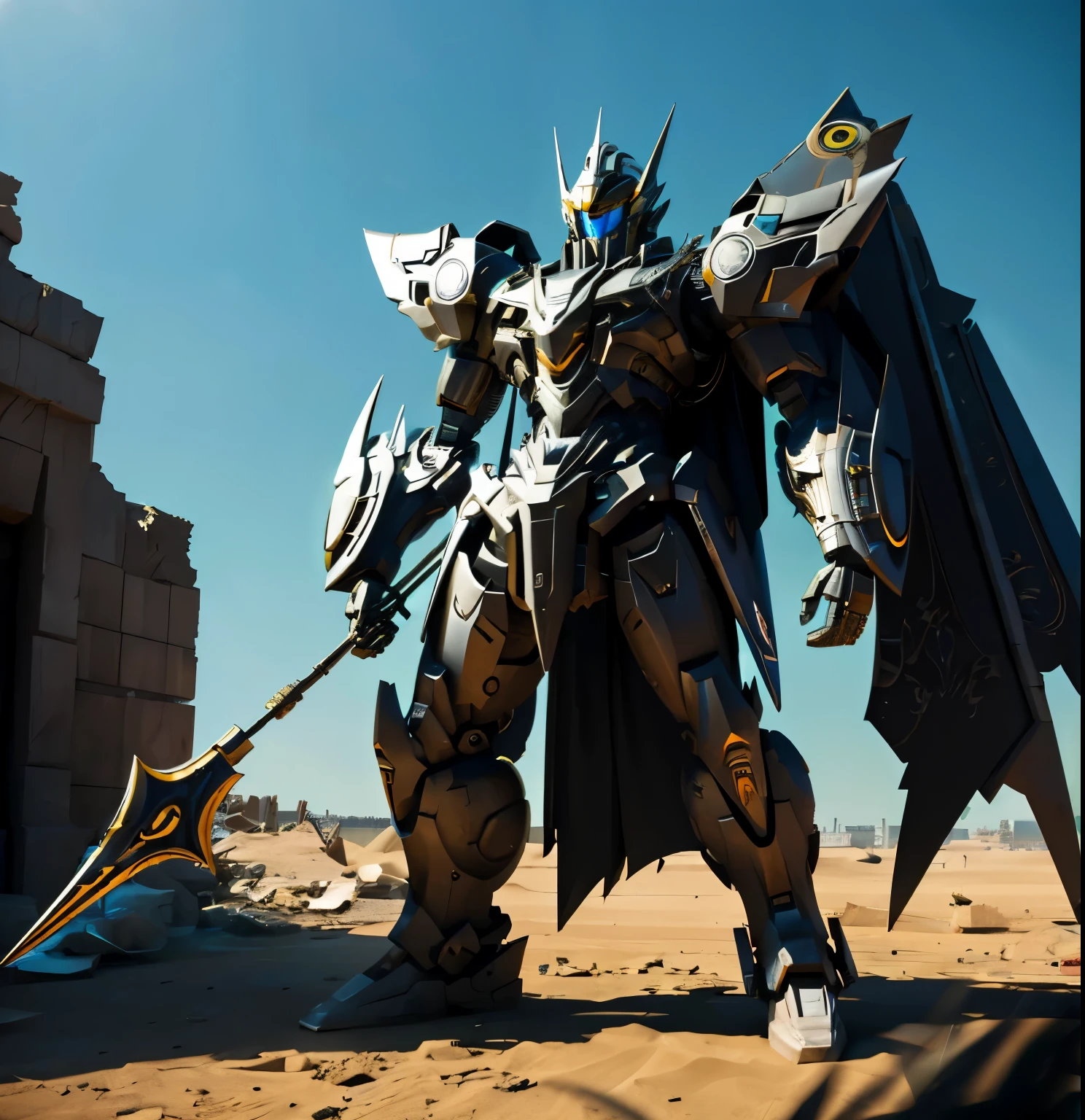((obra de arte, maximum quality, superdefinição, High definition)), ruined city, giant reaper robot with a lean, black and silver amor similar to a human skeleton, and a giant scythe.