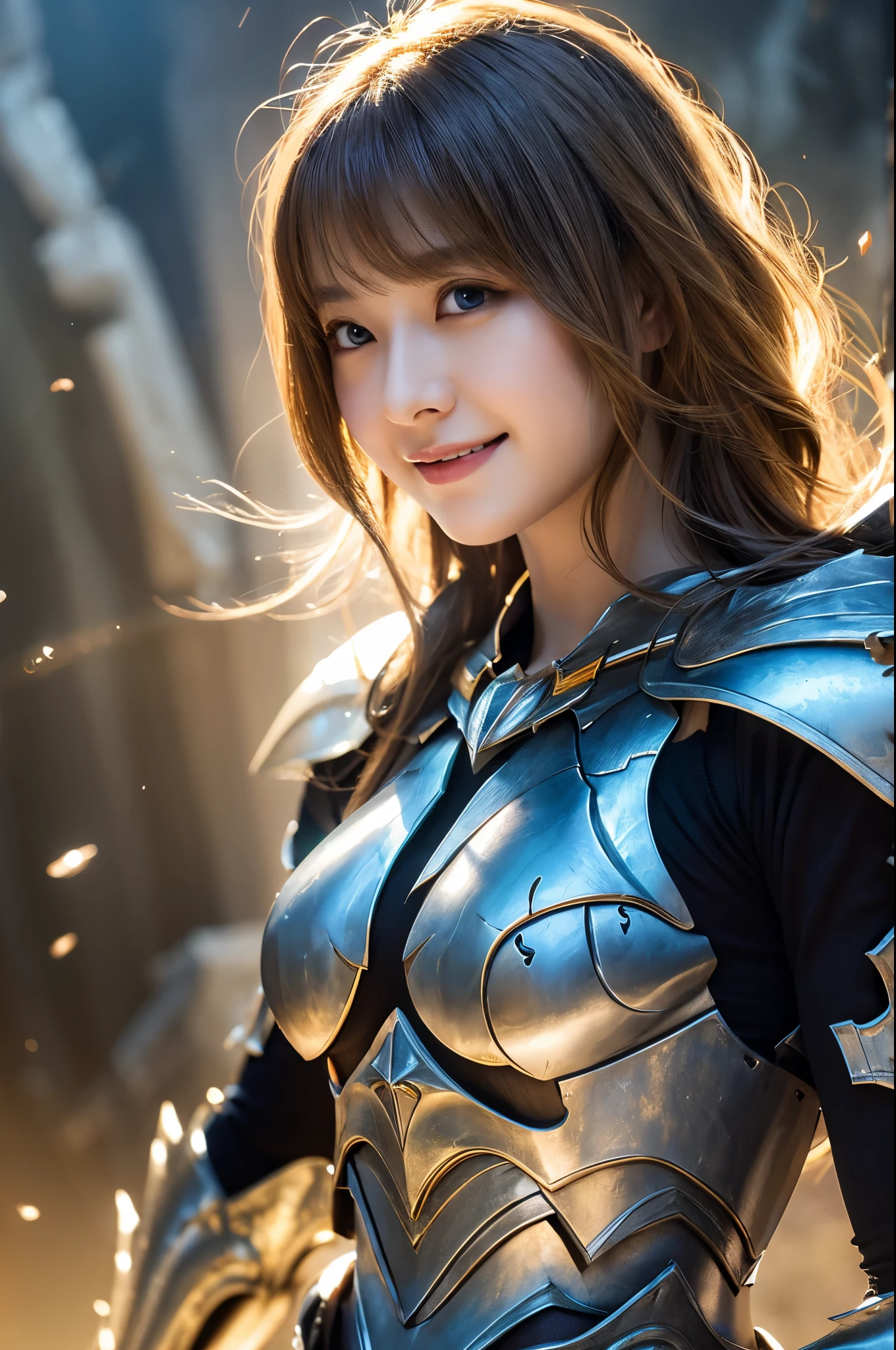 8K、Super detailed、masterpiece、highest quality、(very detailed)、dynamic angle、mysterious look、Wind effect、fantasyの背景、rim lighting、cinematic light、超A high resolution、8k uh、film grain、best shadow、delicate、born、particles of light、fine skin texture、Detailed armor texture、detailed face、Complexディテール、Super detailedな、shine、strong fraud、silver armor、(holding a weapon)、Slashing、Slashing Action、big and full breasts,Scapula、shining eyes、 long cloak、fantasy、(bornきbornきとした)、shoulder armor、Complex、Complex、perfect lighting、looking at the viewer、movie lighting、flying in the sky、Flight、holy light、wonderful、bangs、the wind is strong、frozen mountain々々、long wavy white hair、lich queen,sexyな,attractive,blonde short bob,Chest armor with detailed decoration,perspective from above,smile,sexy,