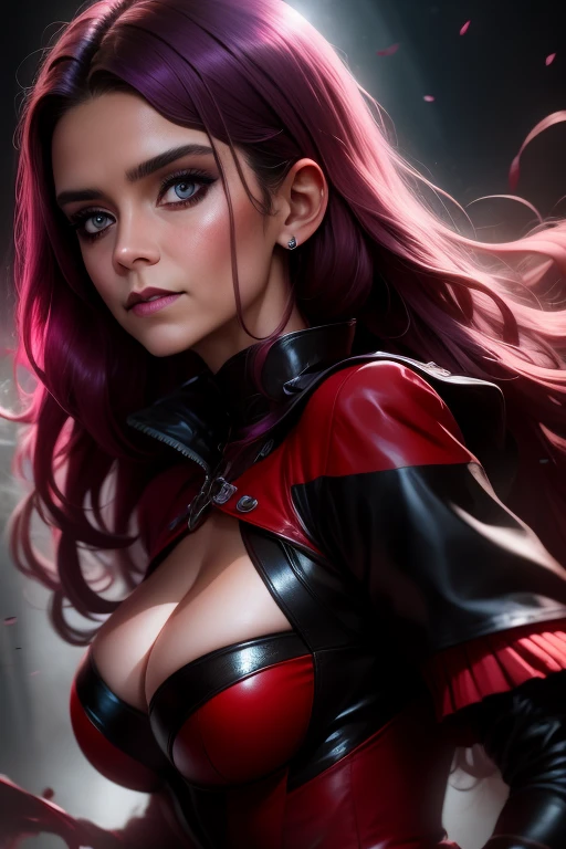 mujer, (KeniaL1), (edad media feudal:1.1), apariencia MEXICANA, (pelo largo liso morado degradado pro rojo), (ojos rojos), (strong expression look), purple lipstick, Piel blanca, (Black gothic clothing with red details.:1.1), escamas amarillas en las manos, cinematic lighting, mystical atmosphere, dynamic focus, ultra Reality, ultra Realistic, ultra calidad, Real, Real texture:1.1, Realistic clothes:1.1, 8k locos, absurdo,