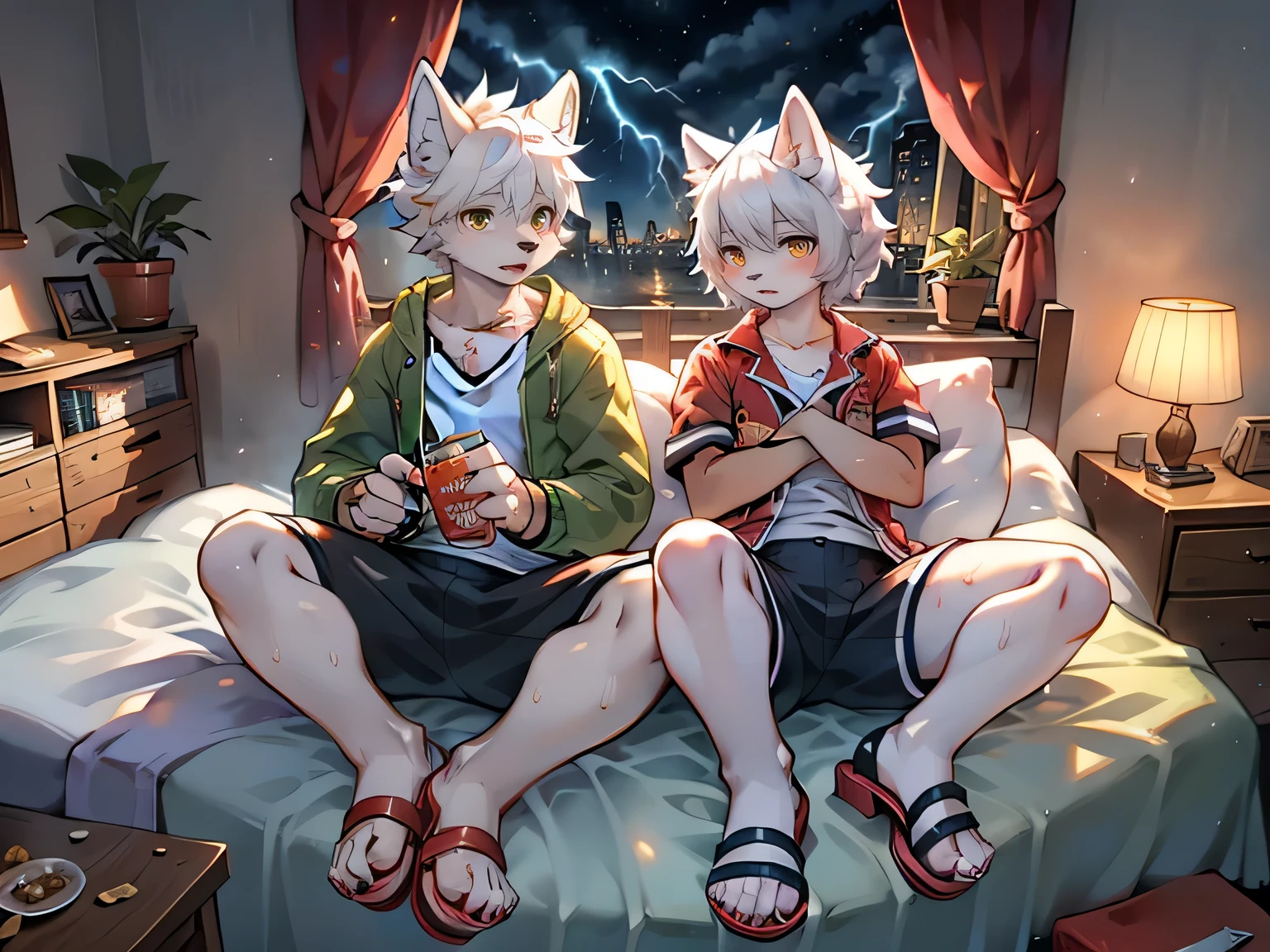Two white wolf young men,boy and girl,Contour,White hair,Orange pupils,Boy wearing very short green jacket,White Arm,Red watch,Open white vest,Black shorts。Girl wearing white sailor suit,Blue Skirt。Both have white claws.,I sweat a lot.,dirty,Tired,bedroom,sandals,Drink water,Yellow green small bed,Green pillows,Quilt,eat snack,Feet on the bed,Warmth,Green flowers and plants at the bedside,Two white wolves side by side, boy and girl,thunder and lightning,desk lamp,night,sleep,Thunderstorm,watercolor style,Bright colors