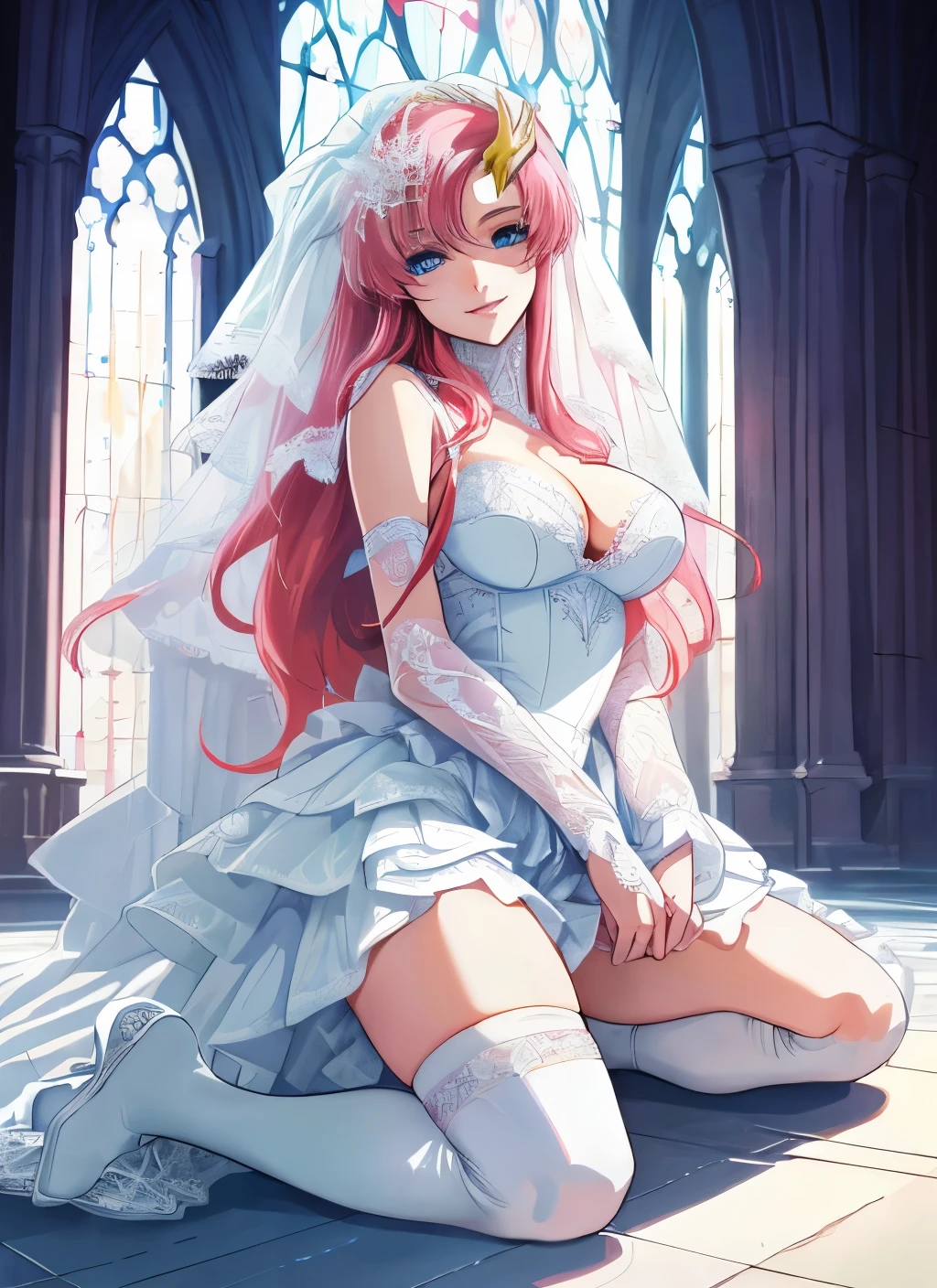 In the church,Masterpiece,detailed eye,detailed skin,detailed face,shiny skin,detailed hair,white skin,perfect lighting,shiny lips,growing eyes,8k,wallpaper, anime coloring  ,Lacus clyne,gundam seed , wing gundam,smile,pink hair, straight hair,blue eyes , (((hair ornament,luxurious white lace wedding dress, high detailed dress,beautiful things,white knee socks ,realistic white lace panties,white lace bra ))),cleavage,very long hair, kneeling ,