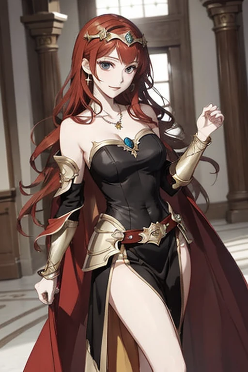 ((highest quality)), ((masterpiece)), (be familiar with), perfect face、The Enchanting Body of Celica（FE）、Red hair、best proportions、semi-long、necklace、bangle、circlet、luxury accessories、princess、have a sword、、Shoulders bare、cloak、evil depravity、black clothes、golden armor、Douma&#39;s Wife、Soul-draining、blank look、Bride of the Evil God、Dark Wedding、Engagement Rings