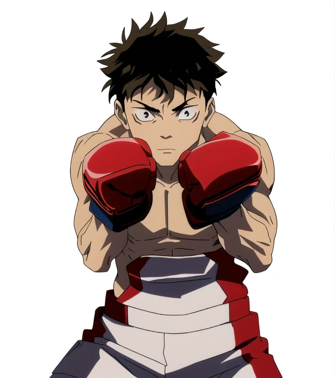(Illustration, high resolution, best quality: 1.5, masterpiece, minimalist, boxing background: 2, simplistic detail, anime), solo: 2, fit male, adult male, upper body, half body portrait, shirtless, boxer, boxing gloves, vox machina style, itadori yuji, blond, susanoo