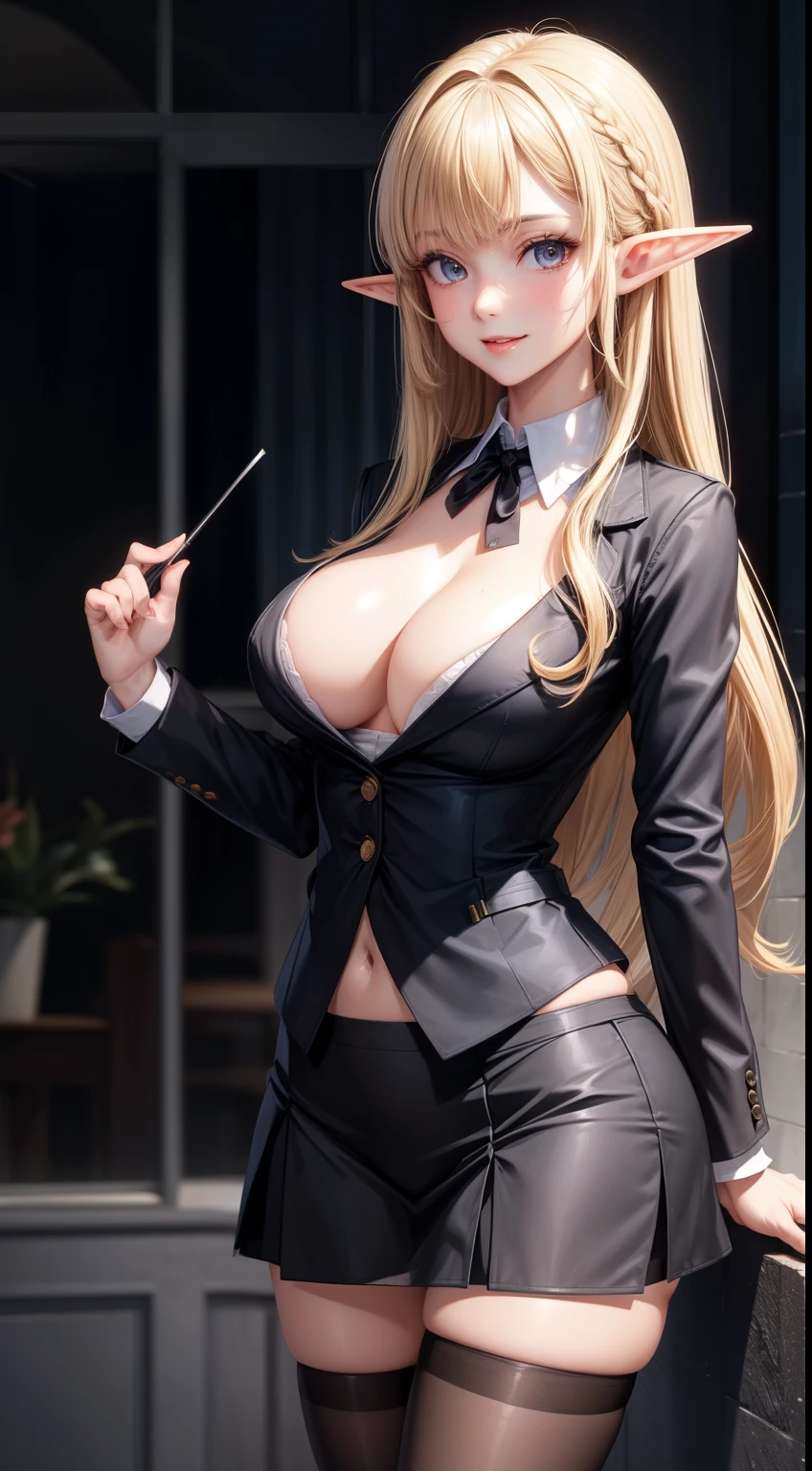 (masterpiece:1.3), High resolution, Super detailed, Highly detailed CG Unity 8K wallpaper, realistic, photo-realistic, Raw photo, Beautiful and dense face, pale skin, realistic glistening skin, fine cloth texture, detailed hair texture, perfect body, beautiful face, Accurate, anatomically correct, Highly detailed face and skin texture, natural neck length, (beautiful hands), (Fair skin:1.2), thin legs, thin legs, break, fine eyes, symmetrical eyes, light brown eyes, double eyelid, thin eyebrows, (glossy lips:1.4), (smile gently:1.2), break, (NSFW:1.1), (classy and cute girl:1.3), (1 girl), (Medium sized big breasts, slender body shape, toned abdominal muscles, firm chest:1.1), beautiful clavicle, (blonde hair, wavy hair, long hair:1.2), ((asymmetrical bangs:1.2)), (((elf))),office lady, black office blazer, office skirt, (pantyhose black stockings:1.2), (down shirt with short buttons:1.2), Up collar prim with buttons, button down collar prim, good, (pantyhose:1.2), alpha layer, high heels,