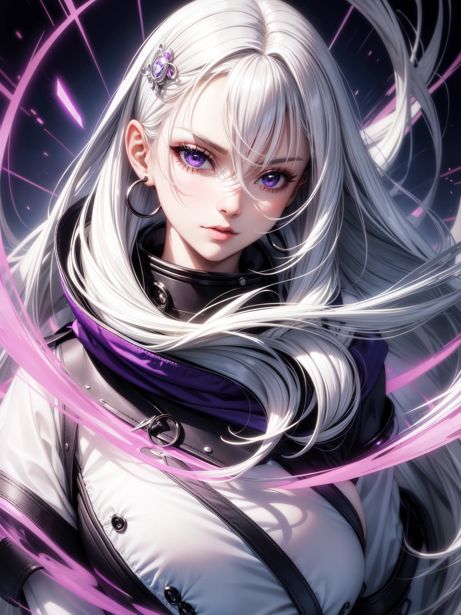 ,portrait of a realistic sexy girl with a pretty face, white hair, purple eyes, wearing a stylish very sexy , with a funny expression on her face(cover-style:1.3), fashionable, woman, vibrant, dynamic,funny, expression, statement , striking, modern, trendy,((focus)), fashion,