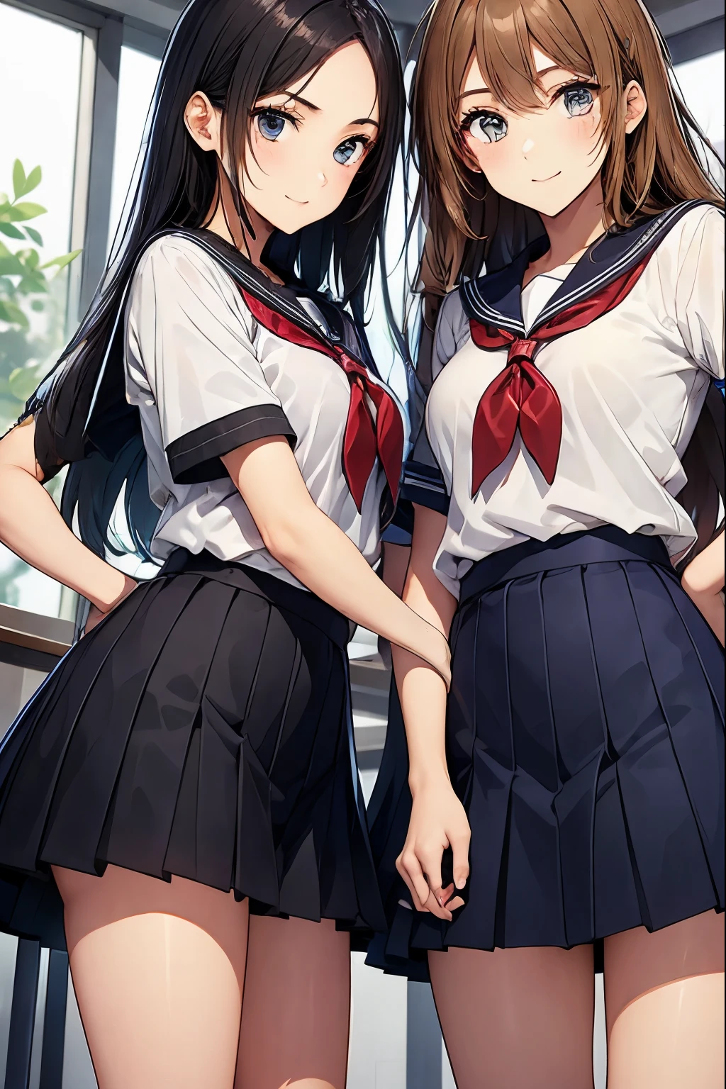 High school girls standing with their arms around each other in the classroom、seductive smile、