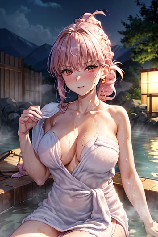 masterpiece,best quality,high resolution,8k,(perfect face:1.3),(megami magazine:1.2),(perfect body:1.3),full body(FGO:1.5),(light pink single braid a bun hair:1.5),red eyes,1woman,pale skin,(fighter:1.3),large breasts,large ass,small nipples,(clothed:1.5),(night view:1.3),(Relaxing in a hot spring:1.5),(erect nipples:1.1),(cameltoe:1.2),(wrapping a bath towel around the body:1.5)(Wide onsen:1.5),(:1.5),(beautiful scenery),(perfect face),(sweat:1.3),(Soaking in a hot spring:1.5),