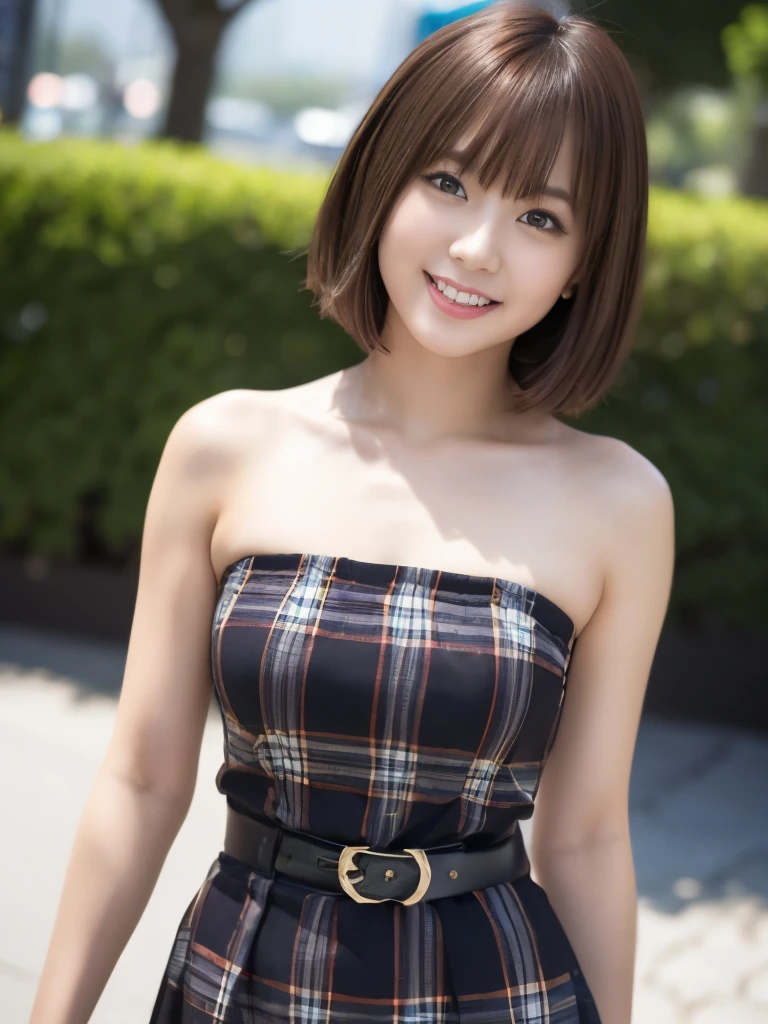 A beautiful Japanese shy girl, age 20 years old, brown short hair, brown eyes, shiny lip, dark eyeliner, ecstatic expression, shiny hair and shiny body, wearing plaid strapless dress without belt, mini skirt, shiny thighs, in dark Cathedral, light shine in, Photo with blurred background,