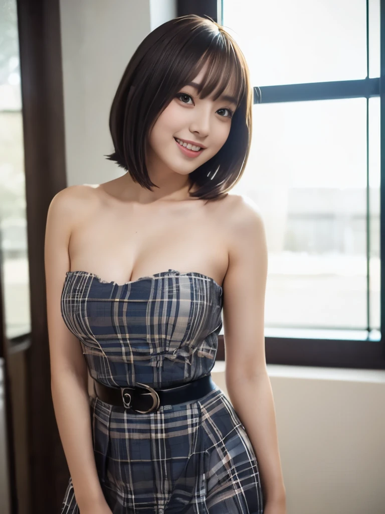 A beautiful Japanese shy girl, age 20 years old, blown short hair, brown eyes, shiny lip, dark eyeliner, ecstatic expression, shiny hair and shiny body, wearing plaid strapless dress without belt, mini skirt, shiny thighs, in dark Cathedral, light shine in, Photo with blurred background, leaning forward