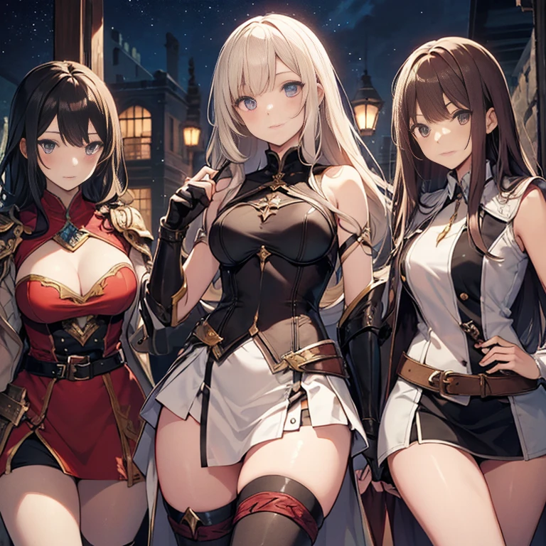 A group of female dancers set in a medieval fantasy setting、 (At the pub), Mr.々Hair style, Harem, night, Detailed aspect, Short skirt, Seduce, No sleeve、showing off panties、Huge Breasts、Big Ass、wide waist width、Pulling up her skirt