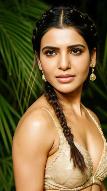 Samantha ruth prabhu,Masterpiece, a beautiful indian princess, thick princess braid hair, indian queen bikini in gold jewel , ancient background, (UHD, 8K wallpaper, High resolution), Cinematic lighting, award-winning, extremely detailed skin, extra detailed face, high detail eyes, photo-realistic, Zeiss 85 mm F/100,black hair