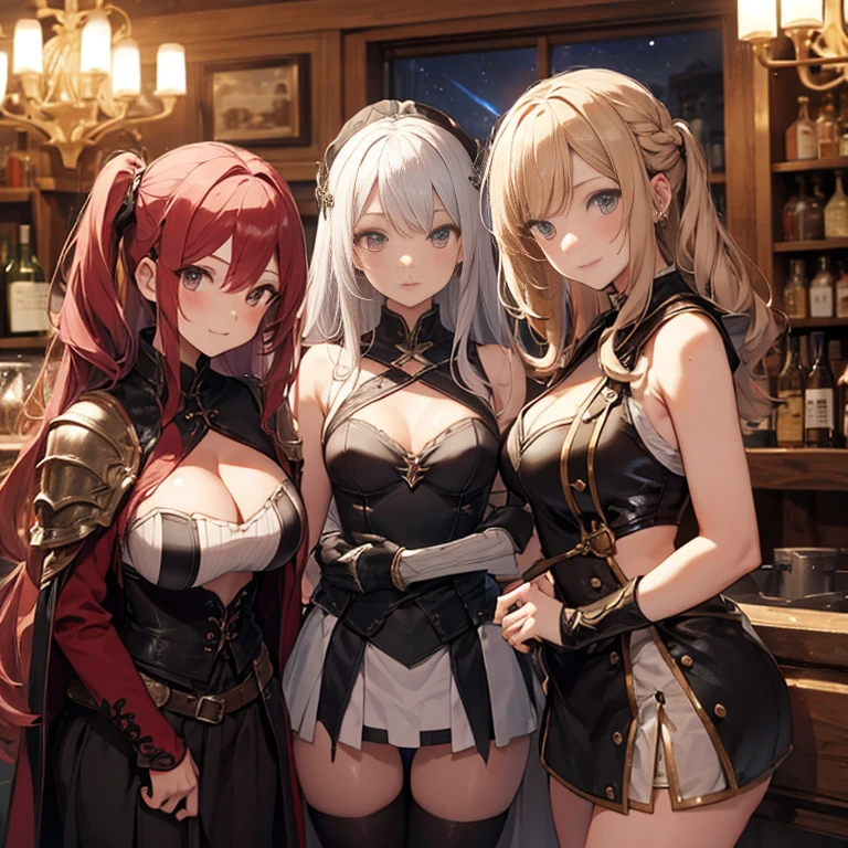 A group of female medieval fantasy adventurers, (in tavern), various hair styles, harem, night, details face, short skirt, seducing, sleeveless, armor