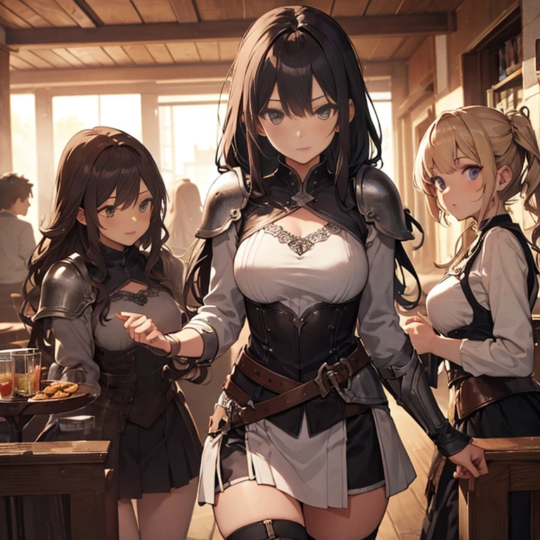 A group of  female medieval fantasy adventurers, (in tavern), various hair styles, harem, night, details face, short skirt, seducing, sleeveless, armor 