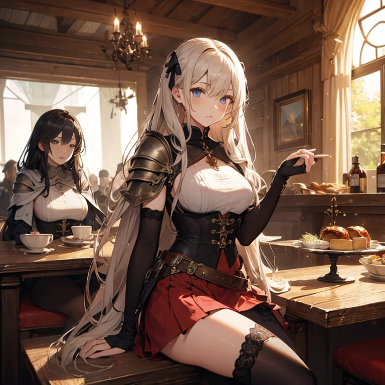A group of female medieval fantasy adventurers, (in tavern), various hair styles, harem, night, details face, short skirt, seducing, sleeveless, armor