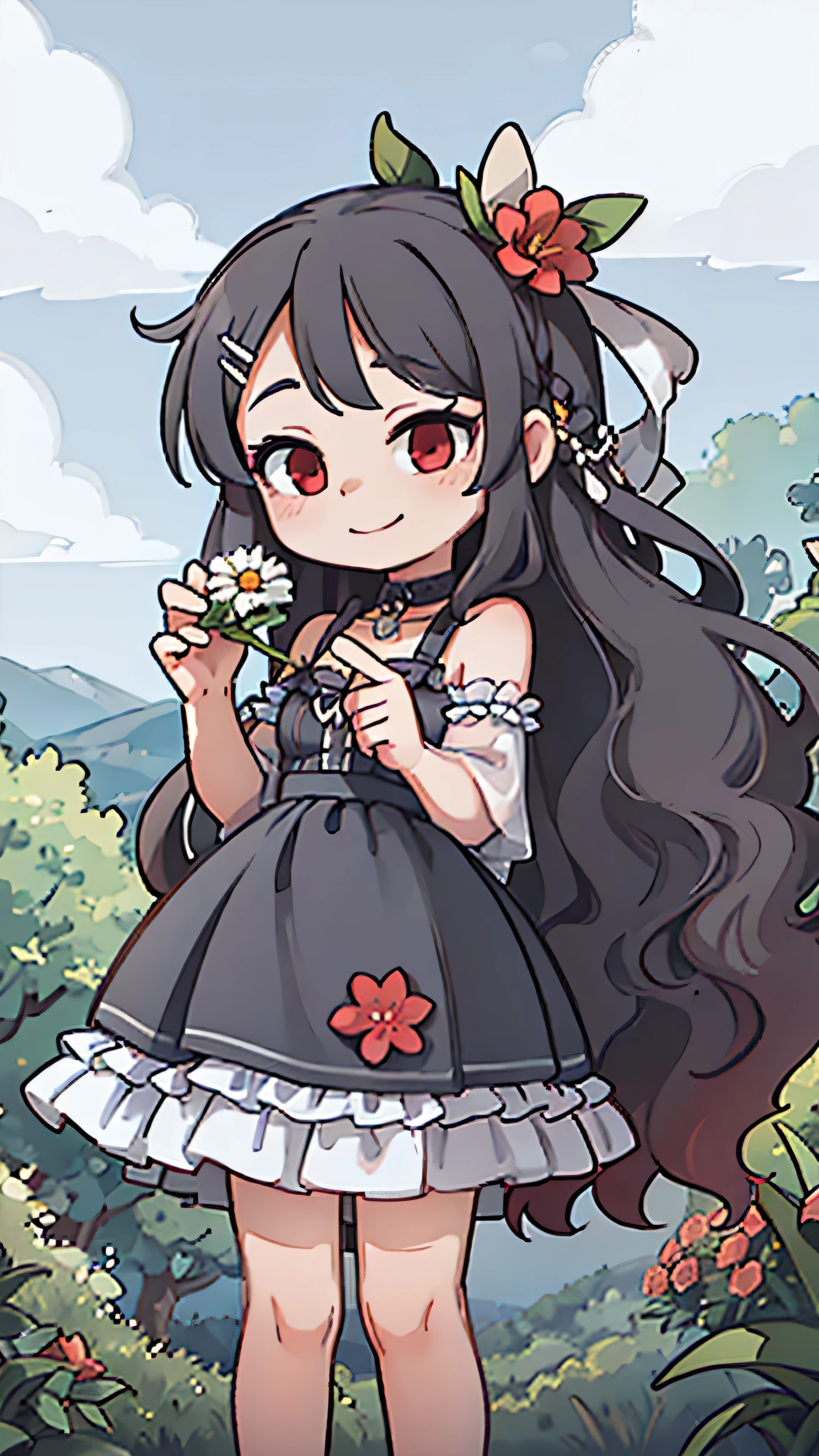 girl with long black wavy hair, red eyes, black and red dress, flower hairpin, cute face, summer, hills, clouds, blue sky, sunshine, trees, flowers, scenery background, high res, masterpiece, happy