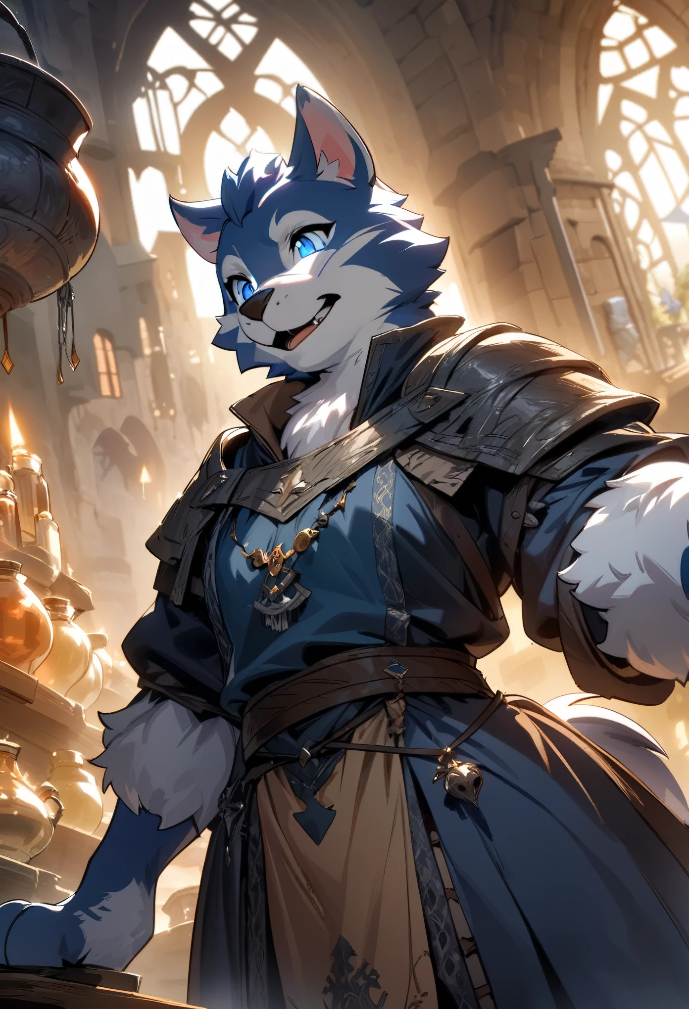 dynamic angle, top quality, best quality, High-quality illustrations, masterpiece, super high resolution, detailed background, detailed background, alchemist, medieval Europe, chandelle, absurdres, perfect anatomy, expression, good lighting, cinematic shadow(kemono, furry anthro),