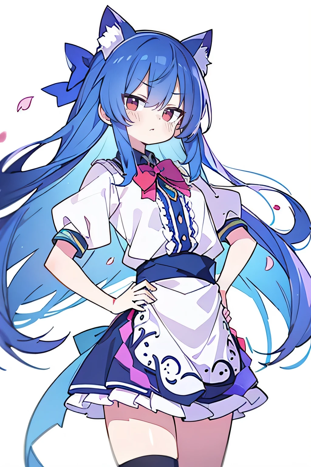 (masterpiece),best quality, expressive eyes, perfect face, 1girl,
Put your hands on your waist,fair, Gorgeous,Japanese cartoons,girl,lola,Hina Angel, blue hair, blue haired, floating clothes,Grab your waist, Grab your waist, hands on hips , hands on hips,sit, sit on ground, Legs on the ground, flat chest,cat ears,Petals fall,red eyes,
