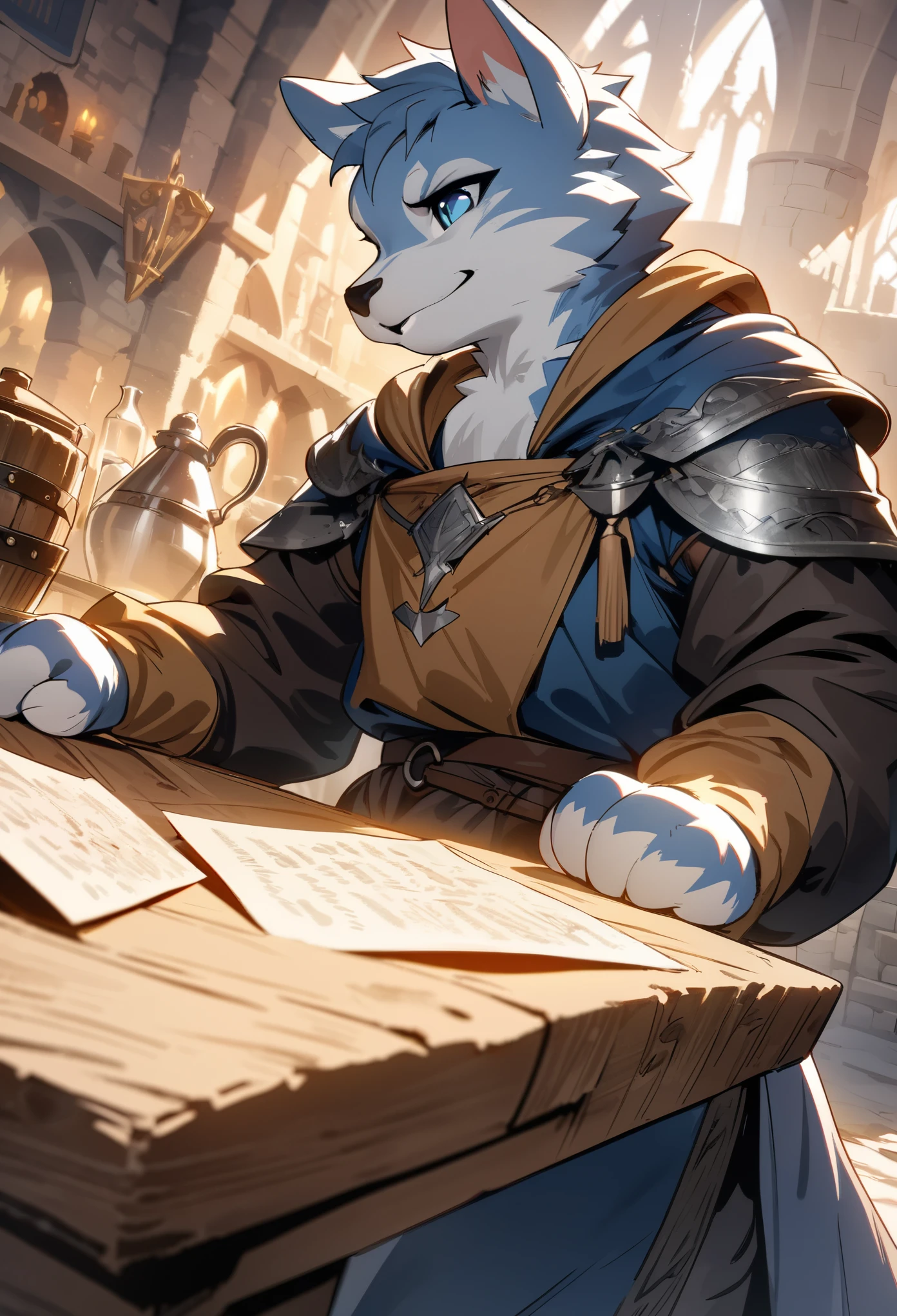 dynamic angle, top quality, best quality, High-quality illustrations, masterpiece, super high resolution, detailed background, detailed background, alchemist, medieval Europe, chandelle, absurdres, perfect anatomy, expression, good lighting, cinematic shadow(kemono, furry anthro),