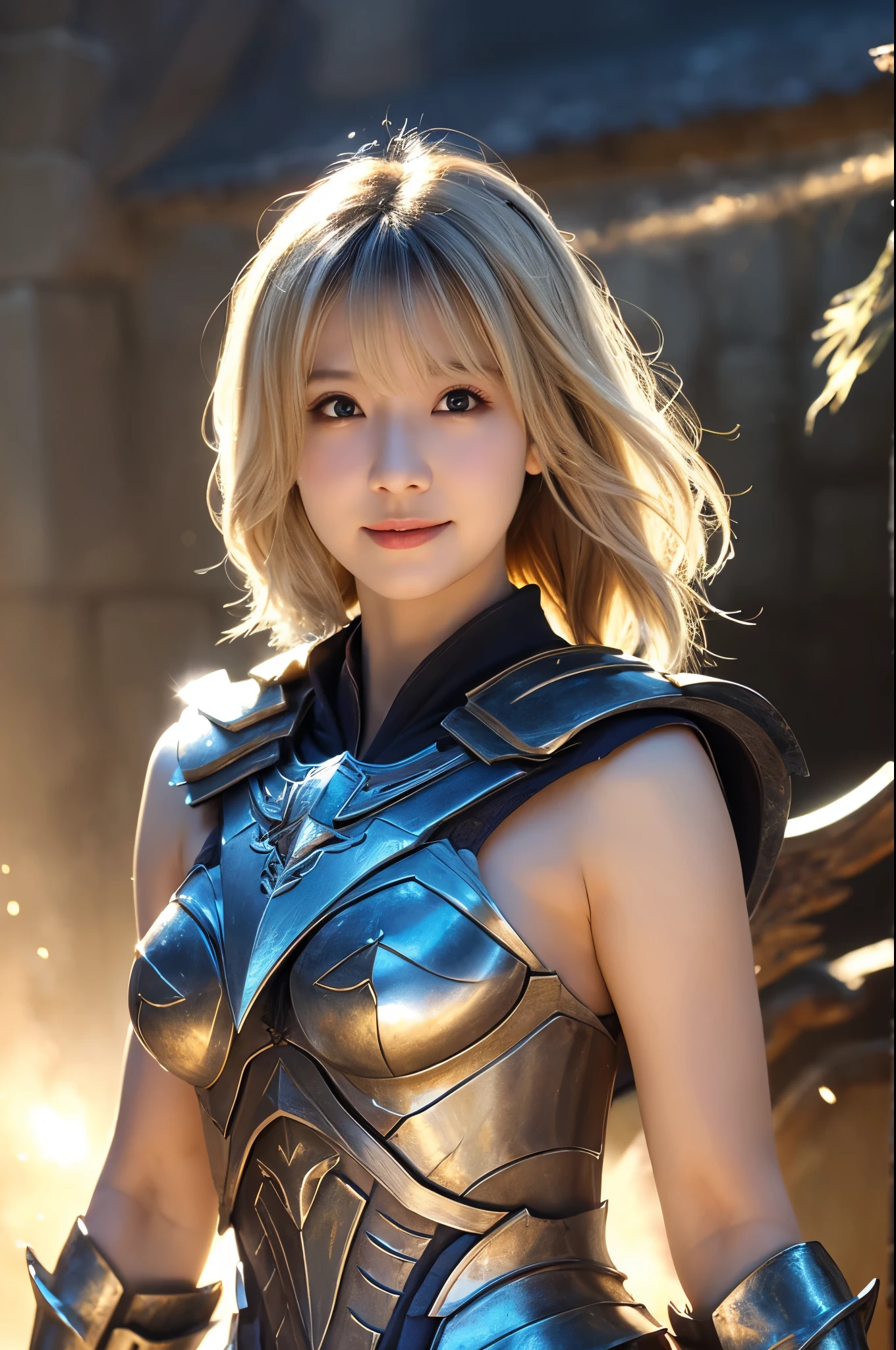 8K、Super detailed、masterpiece、highest quality、(very detailed)、dynamic angle、mysterious look、Wind effect、fantasyの背景、rim lighting、cinematic light、超A high resolution、8k uh、film grain、best shadow、delicate、born、particles of light、fine skin texture、Detailed armor texture、detailed face、Complexディテール、Super detailedな、shine、strong fraud、silver armor、(holding a weapon)、Slashing、Slashing Action、big and full breasts,Scapula、shining eyes、 long cloak、fantasy、(bornきbornきとした)、shoulder armor、Complex、Complex、perfect lighting、looking at the viewer、movie lighting、flying in the sky、Flight、holy light、wonderful、bangs、the wind is strong、frozen mountain々々、long wavy white hair、lich queen,Sexy,attractive,blonde short bob,Chest armor with detailed decoration,perspective from above,smile,Sexy胸元,
