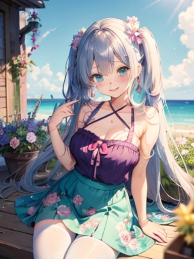 小さなgirl、Face photo、Face up、The arrival of spring、big ass、 (alone:1.5,)Super detailed,bright colors, very beautiful detailed anime face and eyes, look straight, ;d, shiny_skin,girl, （（hair color is、Gradation、long hair,Gradationヘアー、White and blue hair））、forehead is exposed.、green eyes、、shiny hair, delicate beautiful face, blush、(turquoise eyes), White skin, Valletta, earrings,、blue flower field、(((Floral pink.sexy summer clothes、Purple Floral Skirt)))、twin tails、smile、smile、Face dyed red、Face-centered、sit、pantyhose