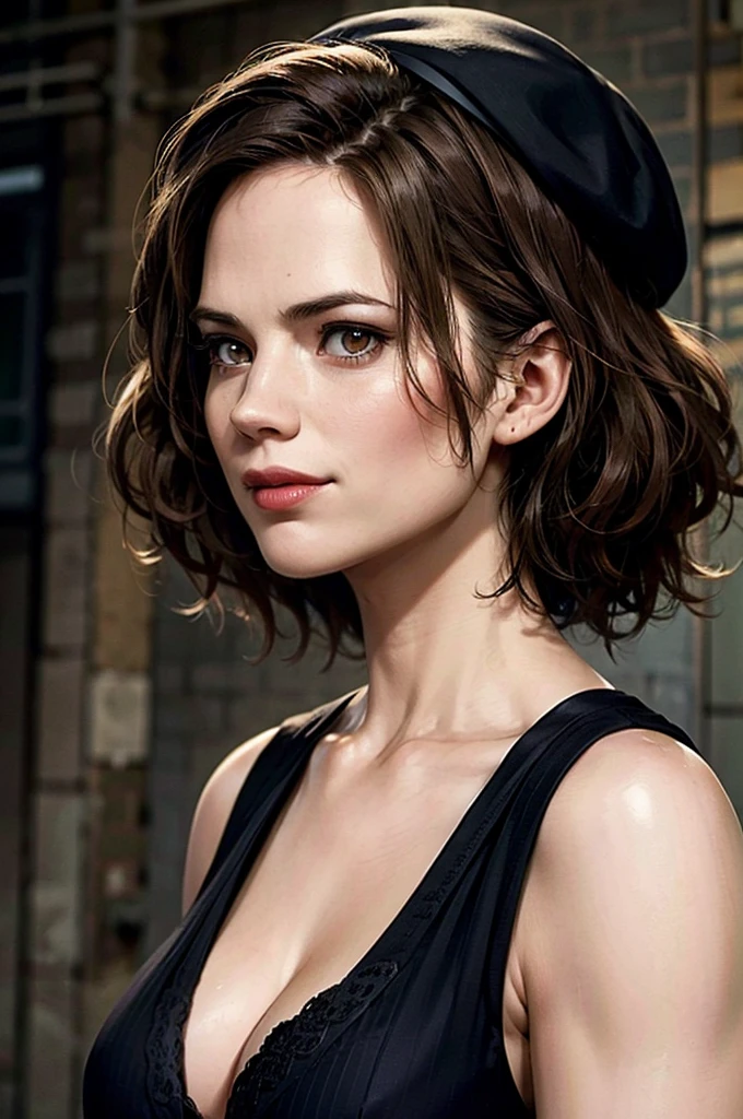 (absurdres, highres, ultra detailed), masterpiece, Jill Valentine (resident evil), ((solo)), short hair, 1girl, striped, tuxedo top, black jacket, waistcoat, red bowtie, white panties, without pants, brown clothing, closed mouth, standing, (((detailed lips))), ((realistic skin)), glowing skin, ((glossy red lips)), portrait, beautiful, smile, normal skin, big boob, exposed cleavage, front facing, long legs, long brown wavy hair, blue hat