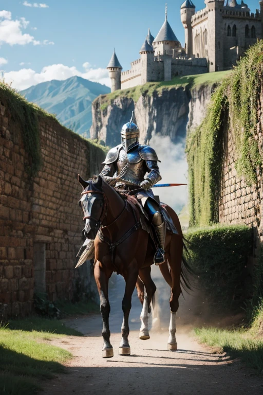 Warrior with silver armor entering a castle