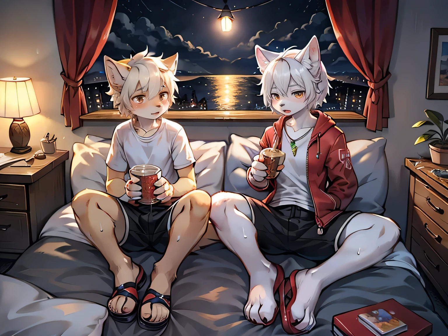 Two white wolf young men,boy and girl,Contour,White hair,Orange pupils,Very short jacket,White Arm,Red watch,Open white vest,Black shorts,White paws,Sweat a lot,dirty,Tired,bedroom,sandals,Drink water,green bed,Pillow,Quilt,eat snack,Warmth,There are many pots of green plants at the head of the bed,Two white wolves side by side, boy and girl,thunder and lightning,desk lamp,night,Thunderstorm,watercolor style,Bright colors