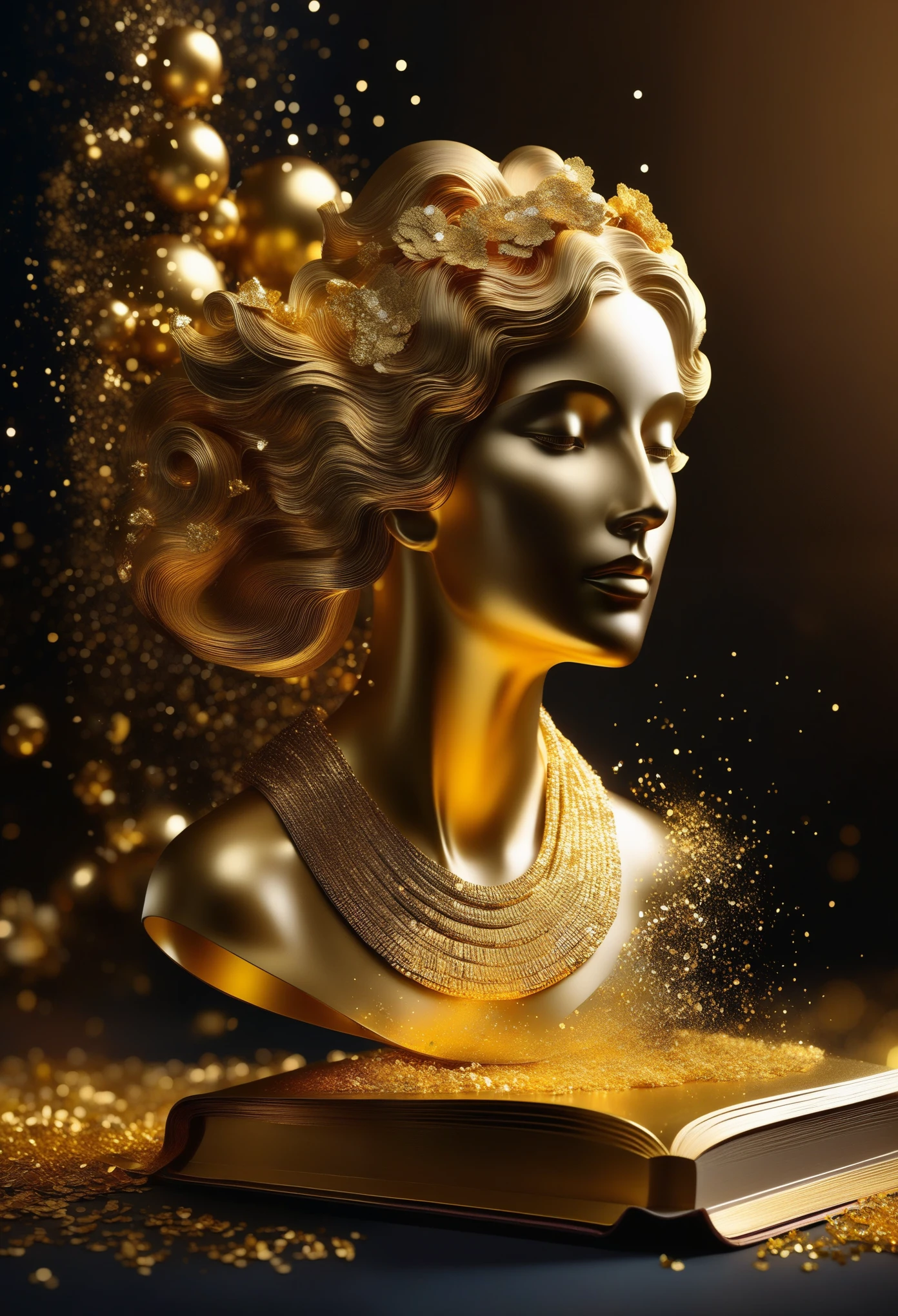 (best quality, highres, ultra-detailed), (sculpture, gold book:1.1), (bursting gold foil confetti), (glimmering light,fine details,shadows), (elegant, beautiful,artistic:1.2), (vibrant colors:1.1), (warm, golden tones), (soft, diffused lighting)