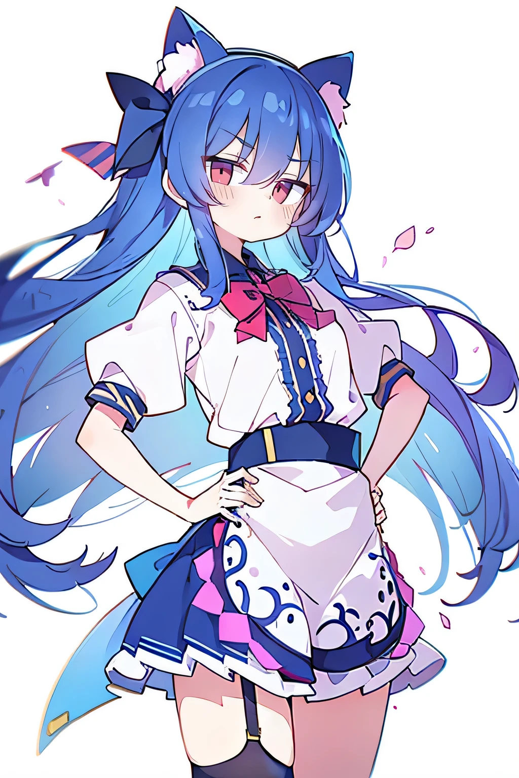 (masterpiece),best quality, expressive eyes, perfect face, 1girl,
 Put your hands on your waist,fair, Gorgeous,Japanese cartoons,girl,lola,Hina Angel, blue hair, blue haired, floating clothes,Grab your waist, Grab your waist, hands on hips , hands on hips,sit, sit on ground, Legs on the ground, flat chest,cat ears,Petals fall,red eyes,