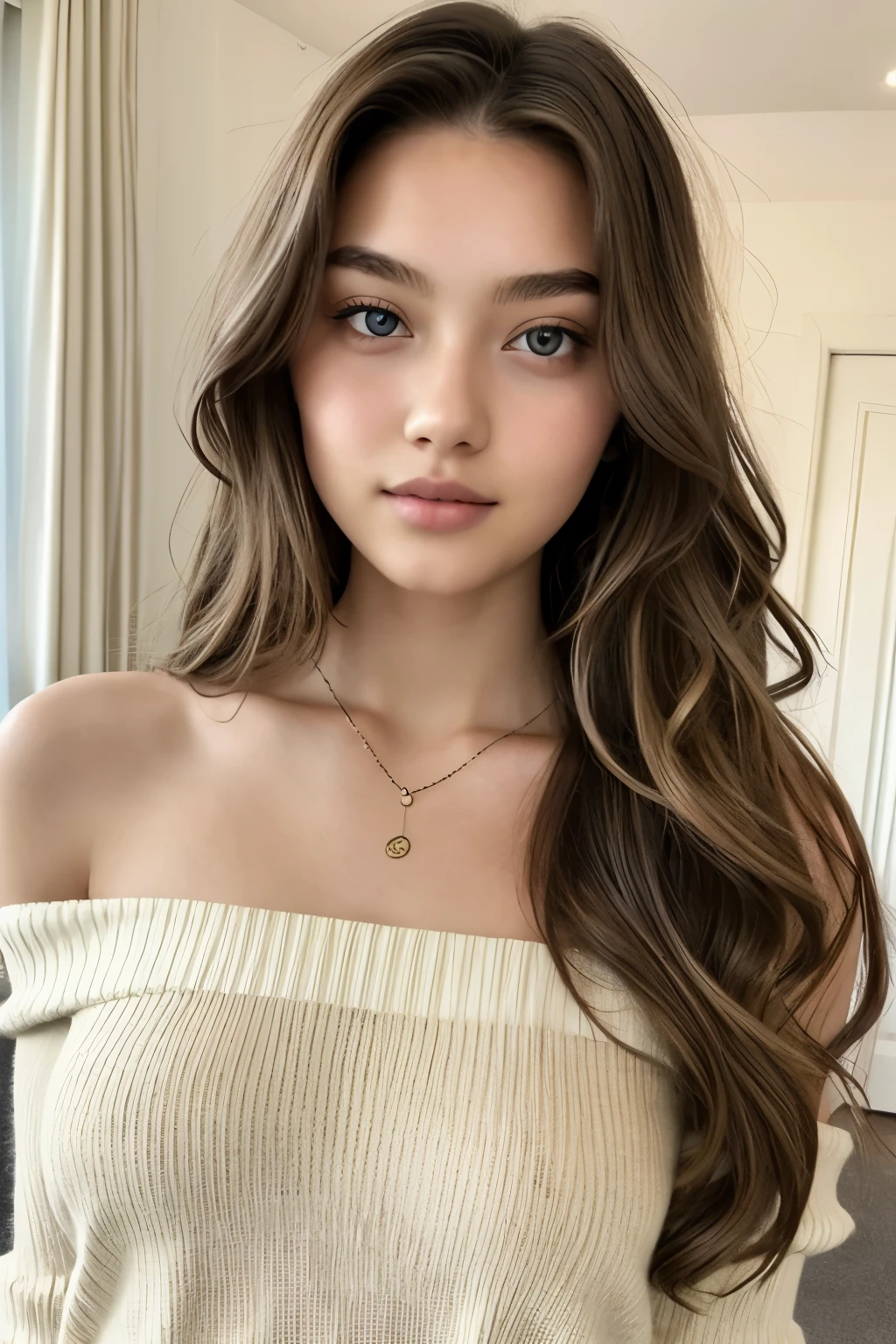 Girl in the room, 19 years old, alone, long hair, slim , looking at the audience, blond, bare shoulders, brown eyes,oval face,double eyelids,Cherry mouth, jewelry, whole body, A necklace, Off the shoulders, sweater, actual, A sexy,