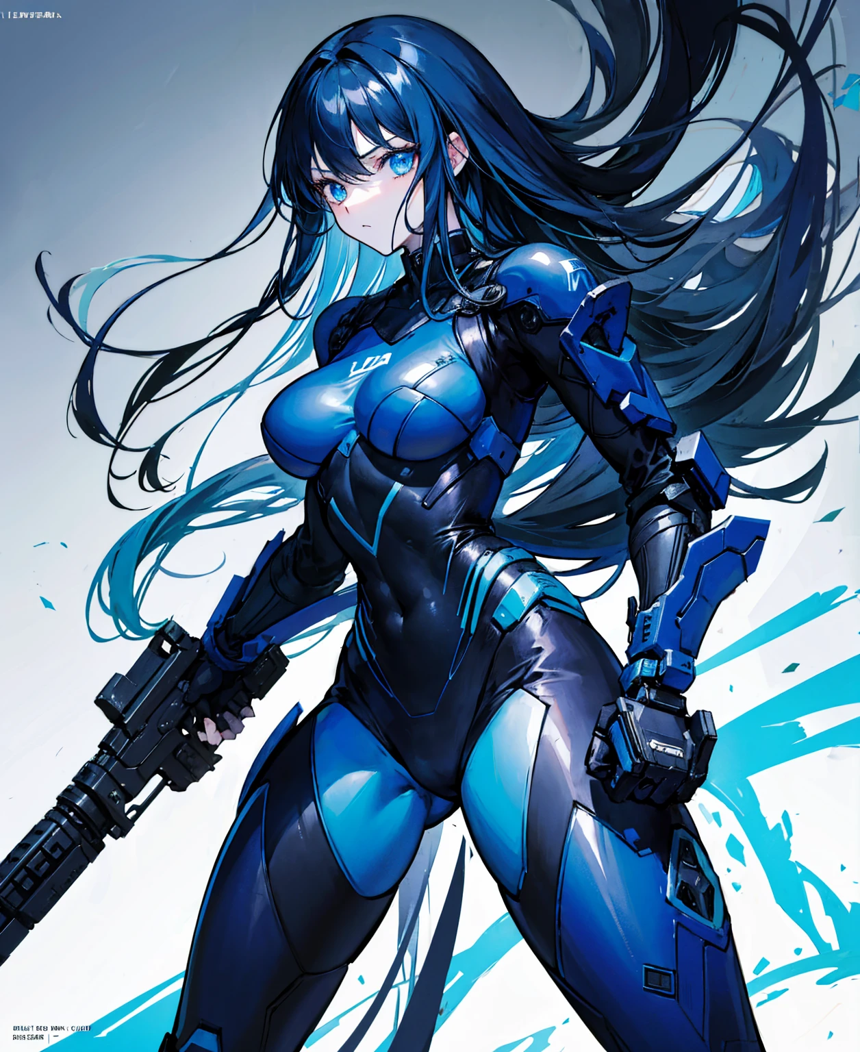 no background，girl，carry a firearm，Enamel-like tight suit，use of firearms，dark blue long hair，attention arousal，blue colored eyes,no gradation
