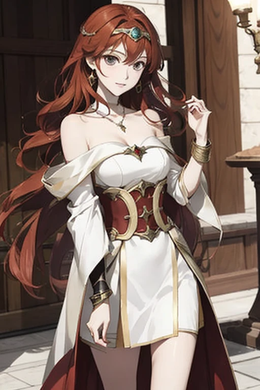 ((highest quality)), ((masterpiece)), (be familiar with), perfect face、The Enchanting Body of Celica（FE）、Red hair、best proportions、semi-long、necklace、bangle、circlet、luxury accessories、princess、have a sword、、Shoulders bare、cloak、evil depravity、black clothes、golden armor、Douma&#39;s Wife、Soul-draining、blank look、Bride of the Evil God、Dark Wedding、Engagement Rings