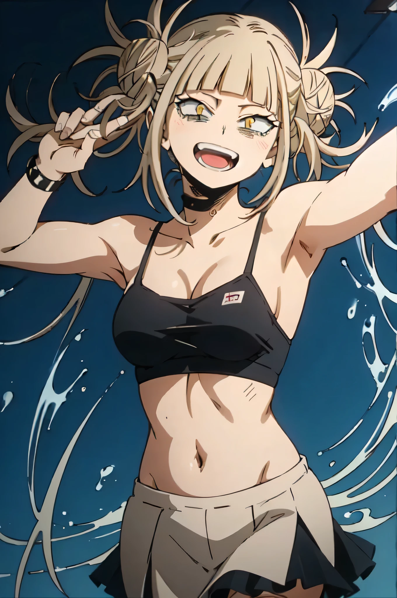 himikotoganova, (1girl, solo), (perfect eyes), blonde hair, double bun, messy hair, bangs, yellow eyes, bags under eyes, smile, open mouth, blue skirt, blue sport bra, looking at viewer, choker