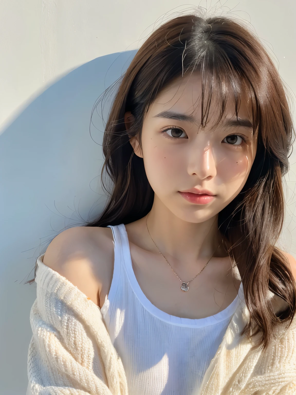 (Highly realistic photos, High resolution, detailed face, fine eyes), ((Photographed in front of a white wall))、japanese woman, 20-year-old, Various expressions, alone:1, slim body shape, various hairstyles, casual clothes, 写真の中でalone、selfie、Photographed in natural light、Simple Necklace、Spring Clothes、look at camera、profile、Dark Brown Hair Color