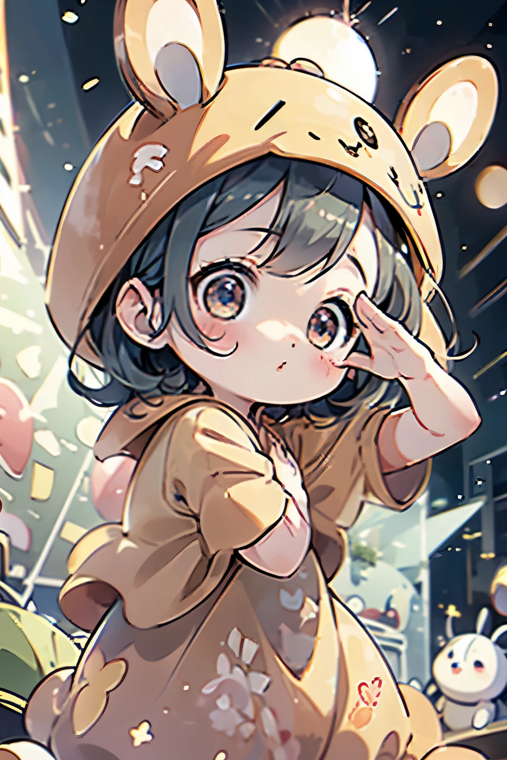 Chibi girl acting on stage、wearing a cute fruit costume、action、Right eye close、salute、Take a photo from the side