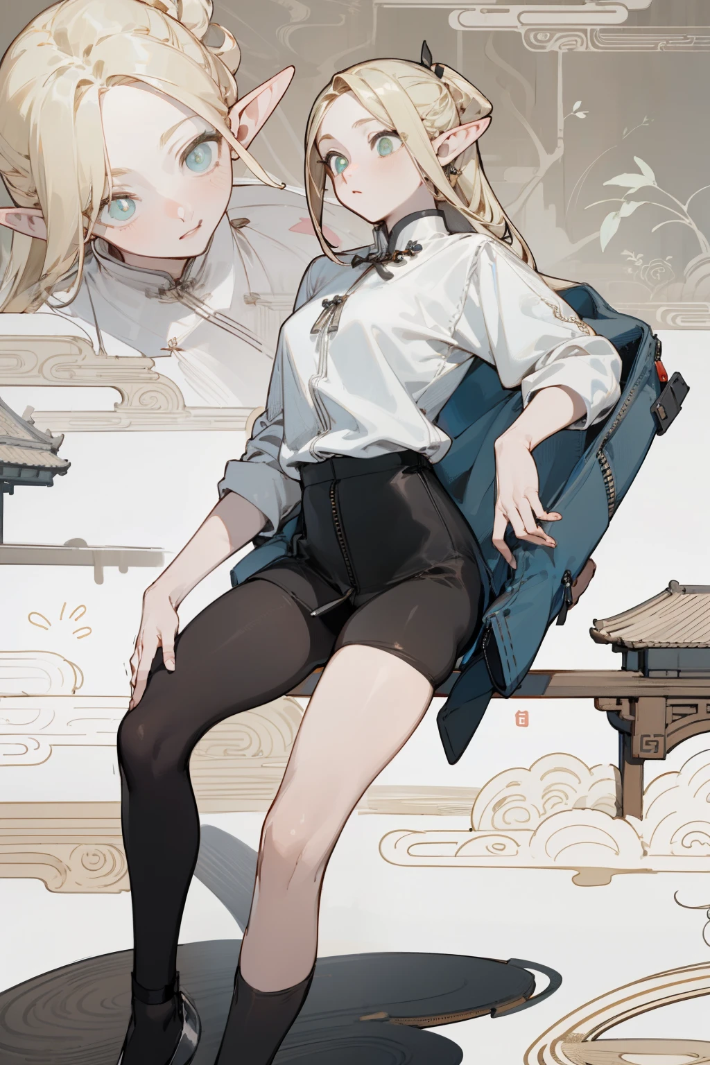 (masterpiece, best quality) detailed, Wearing black tights, silver accessories , The zipper is not closed , Blonde ,elegant, Pointed ears ,whole body,Chinese element pattern,thigh,漏出thigh,White shirt