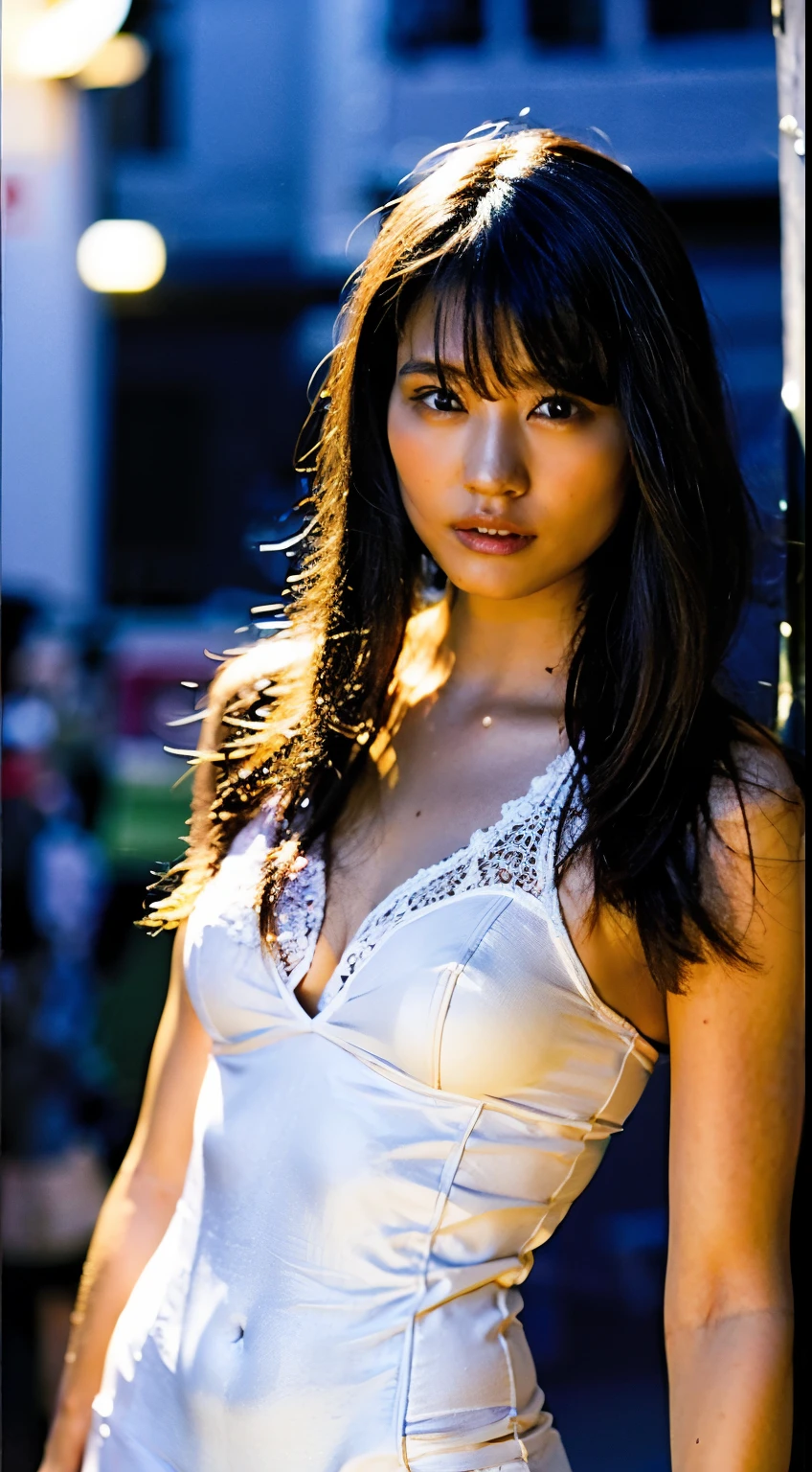 ((realistic lighting, highest quality, 8K, masterpiece: 1.3)), concentrated: 1.2, 1 girl, perfect body beauty: 1.4, slim abs: 1.1, ((dark brown hair)), (A thin, sheer white lace ????????: 1.4), (outdoor, night: 1.1), city street, super fine face, fine eyes, double eyelid,