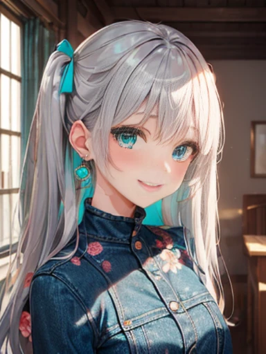 小さなgirl、The arrival of spring、 (alone:1.5,)Super detailed,bright colors, very beautiful detailed anime face and eyes, look straight, shiny_skin,girl, ((long silver hair,The inner color is red 、forehead is exposed.、green eyes、、shiny hair, delicate beautiful face, blush、(turquoise eyes), White skin, Valletta, earrings,、In town、(((Floral、Red High Neck)、Black denim skirt))、twin tails、smile、smile、Face dyed red