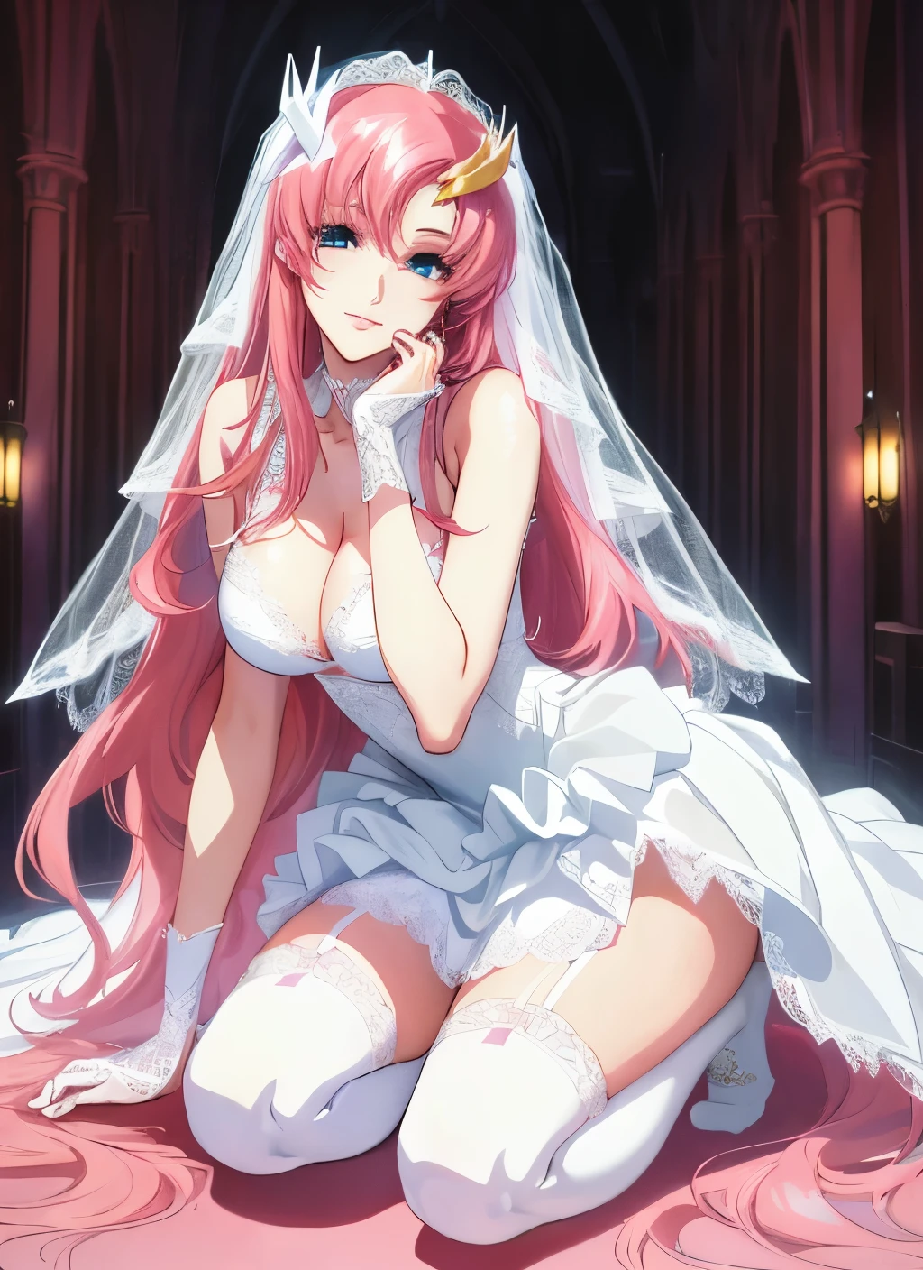 In the church,Masterpiece,detailed eye,detailed skin,detailed face,shiny skin,detailed hair,white skin,perfect lighting,shiny lips,growing eyes,8k,wallpaper, anime coloring  ,Lacus clyne,gundam seed , wing gundam,smile,pink hair, straight hair,blue eyes , (((hair ornament,luxurious white lace wedding dress, high detailed dress,beautiful things,white knee socks ,realistic white lace panties,white lace bra ))),cleavage,very long hair, kneeling ,anime key visual ,slender limbs, delicate curves, dainty hands, tiny feet,figure:0.8