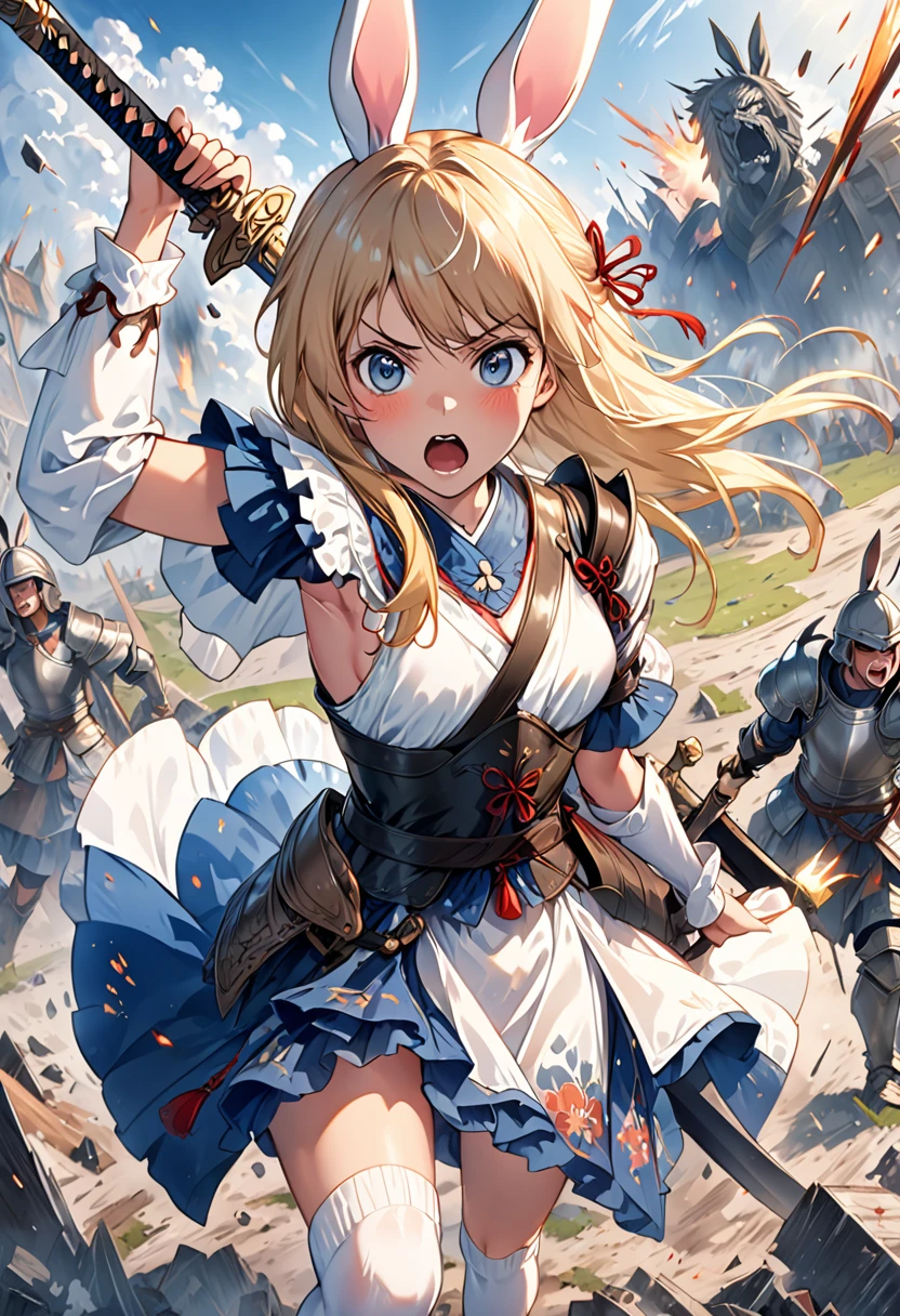 Bunny girl, knee socks, half undressed,  Holding a black sword in hand on the battlefield, 8K, Japanese anime style high resolution, perfect hands, perfect eyes, detailed eye, detailed hands, armor, Raise your hand, screaming, expression of anger, 2D illustration , blonde hair, midday sunshine, destruction, Medieval battle in the background