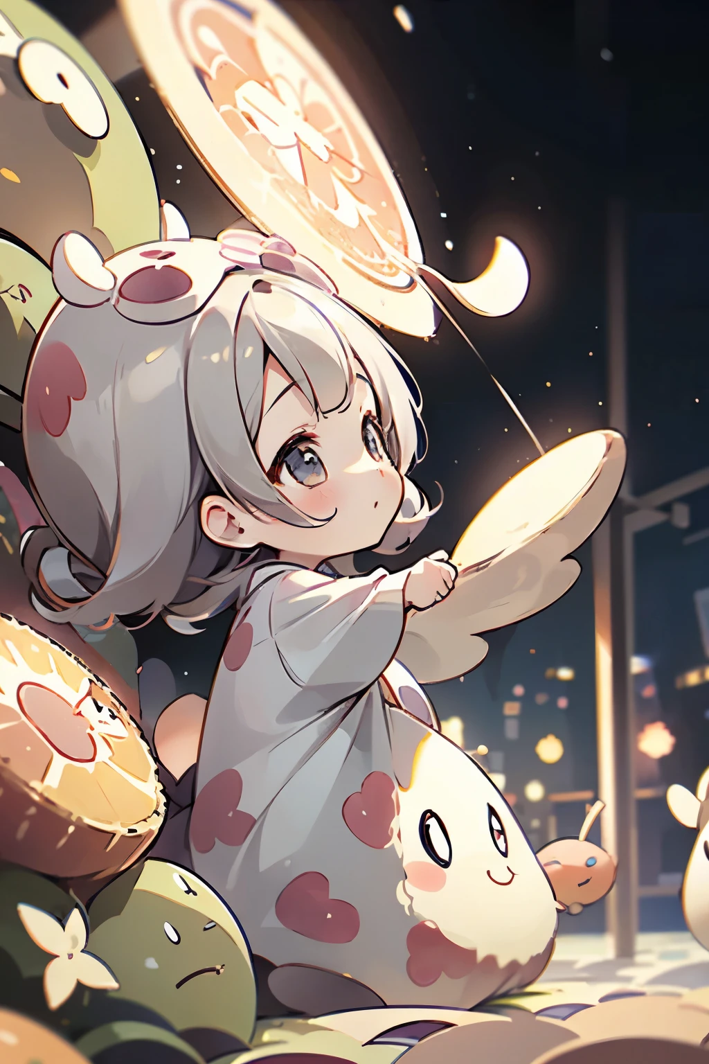 Chibi girl acting on stage、wearing a cute fruit costume、action、Right eye close、salute、Take a photo from the side
