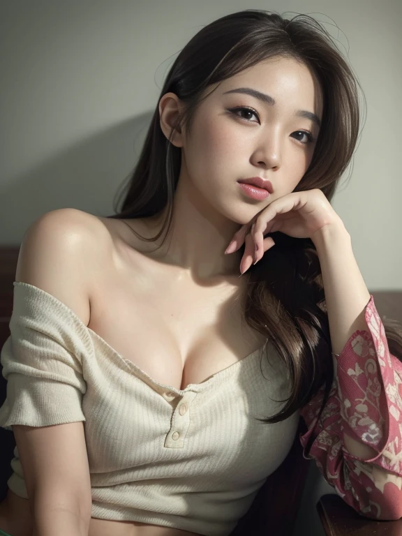 (best quality,masterpiece,ultra high res,photorealistic:1.4),raw photo,1girl,asian girl,off shoulder,small breasts,cleavage,sexy belly,beautiful detailed eyes,beautiful detailed lips,longeyelashes,vivid colors,soft lighting,floral background,peaceful atmosphere,delicate skin,subtle makeup,brown hair flowing,title: "Ethereal Beauty: A Serene Portrait of an Asian Girl"