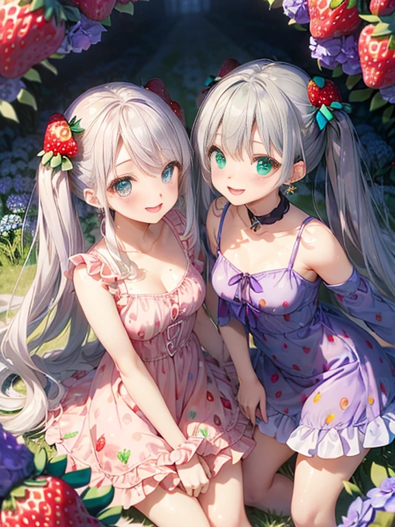 小さなgirl、The arrival of spring、big ass、 (alone:1.5,)Super detailed,bright colors, very beautiful detailed anime face and eyes, look straight, ;d, shiny_skin,girl, ((long silver hair,The inner color is red 、forehead is exposed.、green eyes、、shiny hair, delicate beautiful face, blush、(turquoise eyes), White skin, Valletta, earrings,、blue flower field、(((Strawberry print pink ruffle dress、Purple Mini Skirt)))、twin tails、smile、smile、Face dyed red