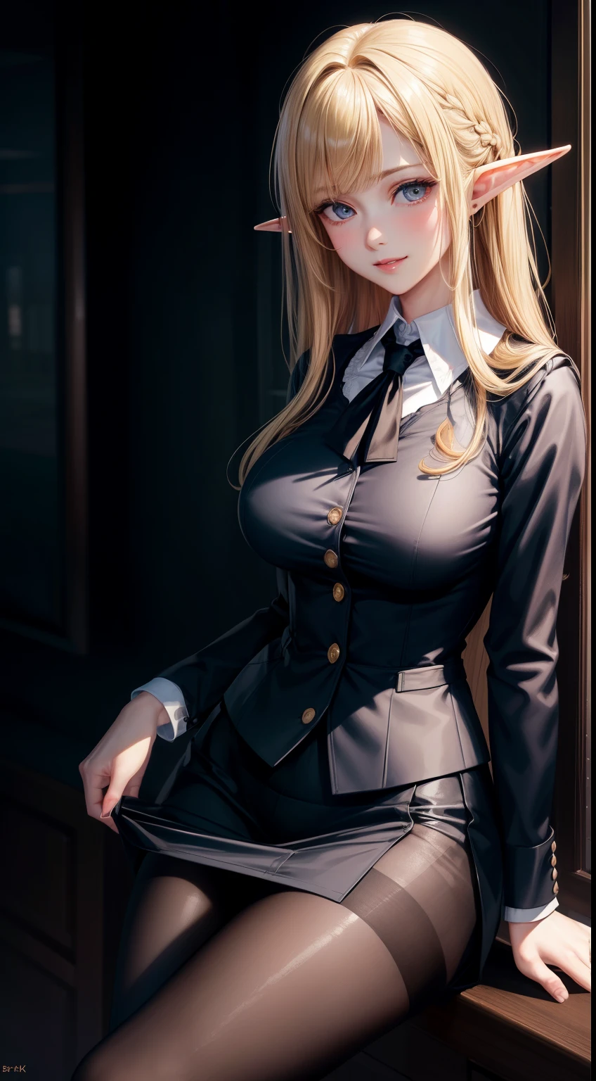 (masterpiece:1.3), High resolution, Super detailed, Highly detailed CG Unity 8K wallpaper, realistic, photo-realistic, Raw photo, Beautiful and dense face, pale skin, realistic glistening skin, fine cloth texture, detailed hair texture, perfect body, beautiful face, Accurate, anatomically correct, Highly detailed face and skin texture, natural neck length, (beautiful hands), (Fair skin:1.2), thin legs, thin legs, break, fine eyes, symmetrical eyes, light brown eyes, double eyelid, thin eyebrows, (glossy lips:1.4), (smile gently:1.2), break, (NSFW:1.1), (classy and cute girl:1.3), (1 girl), (Medium sized big breasts, slender body shape, firm chest:1.1), beautiful clavicle, (blonde hair, wavy hair, long hair:1.2), ((asymmetrical bangs:1.2)), (((elf))),office lady, black office blazer, office skirt, (pantyhose black stockings:1.2), (down shirt with short buttons:1.2), Up collar prim with buttons, button down collar prim, good, (pantyhose:1.2), alpha layer, high heels,
